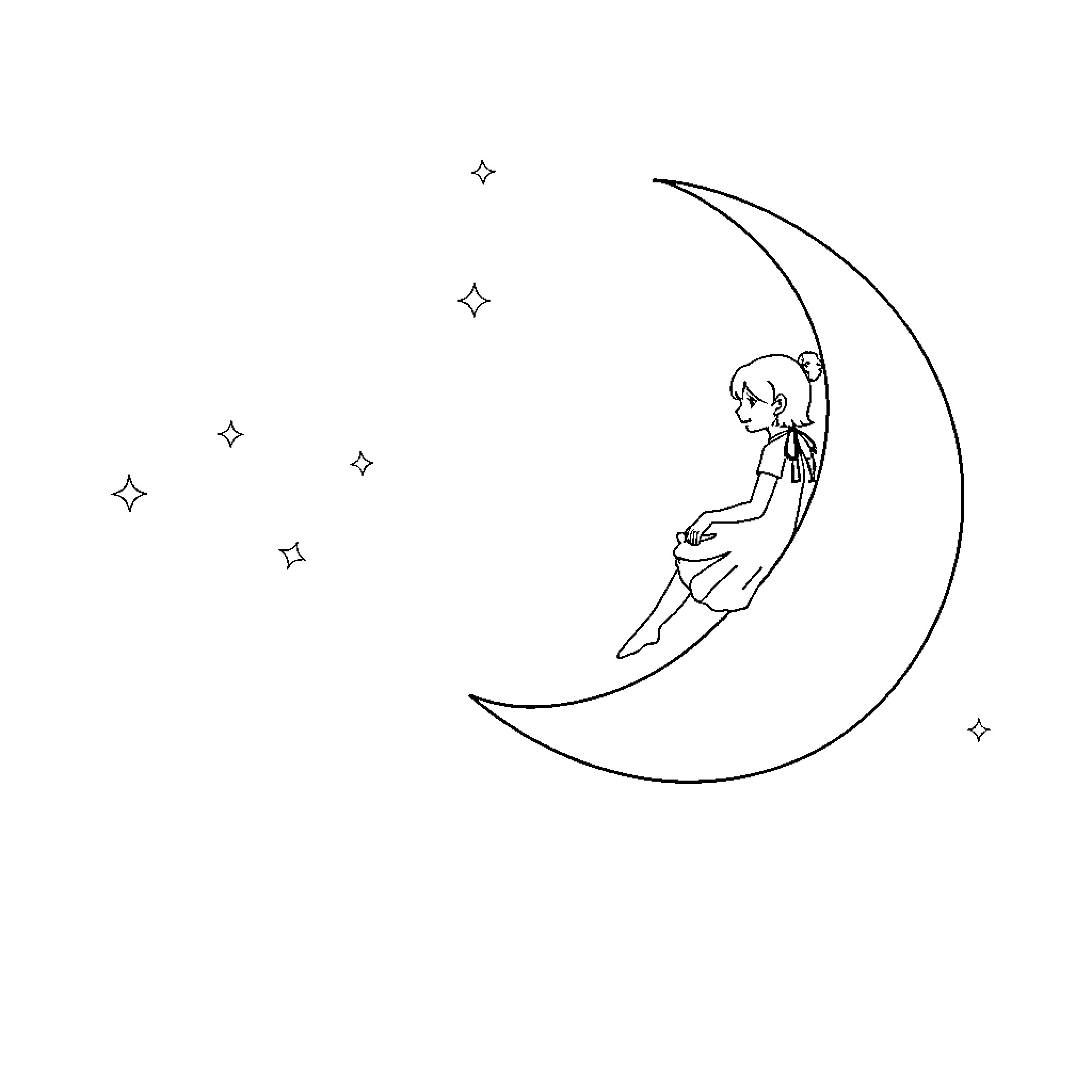 Girl sitting peacefully on the crescent moon Coloring Page (free black-and-white line drawing printable PDF for all, from beginners to advanced learners, including children, teens, adults, and seniors)