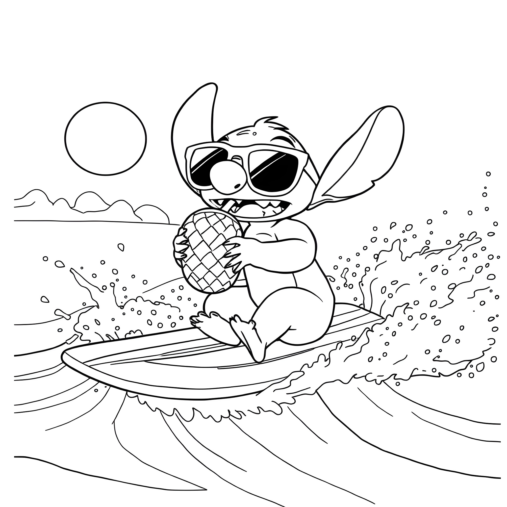 Stitch surfing on the ocean waves Coloring Page (free black-and-white line drawing printable PDF for all, from beginners to advanced learners, including children, teens, adults, and seniors)