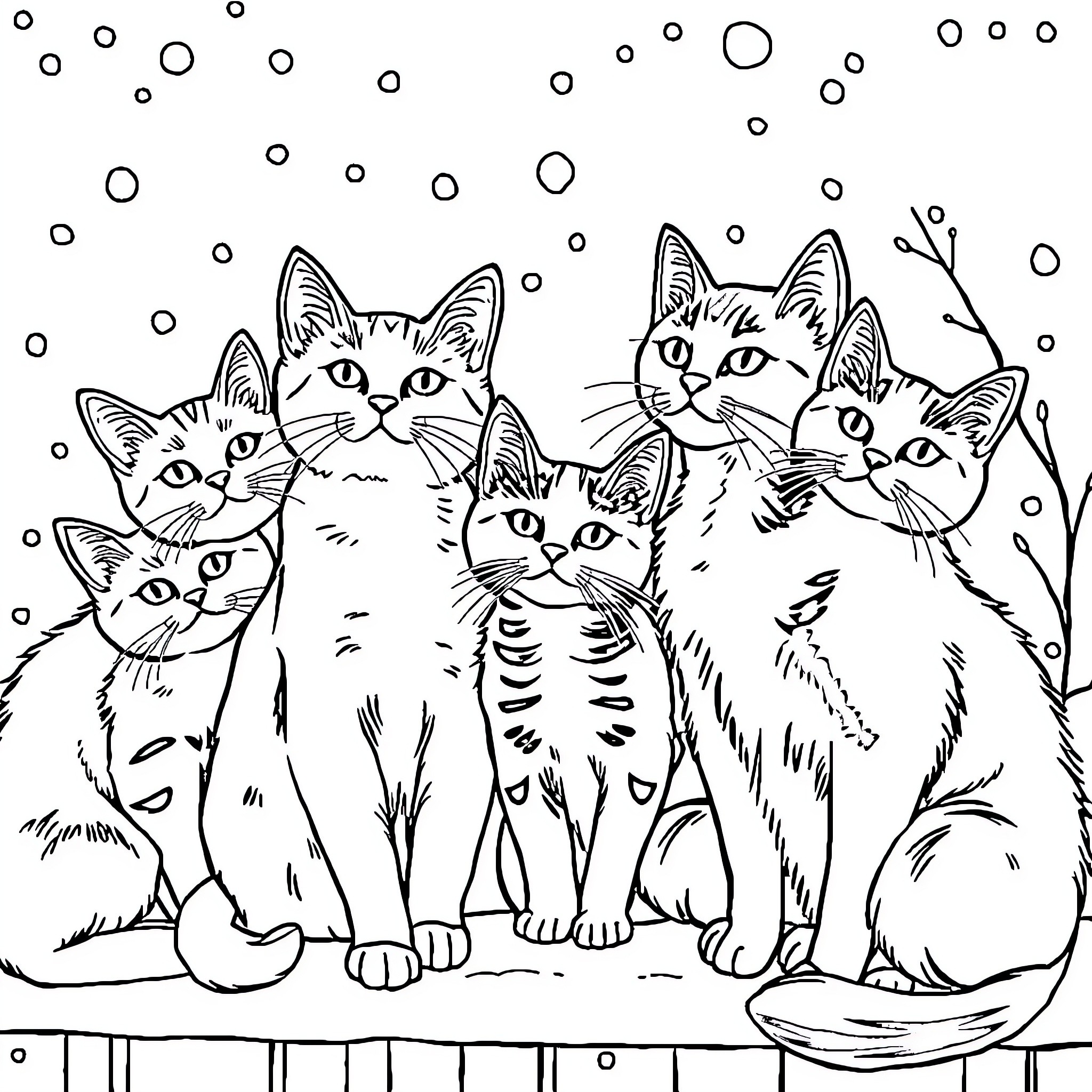 Cat family on snowy branch Coloring Page (free black-and-white line drawing printable PDF for all, from beginners to advanced learners, including children, teens, adults, and seniors)