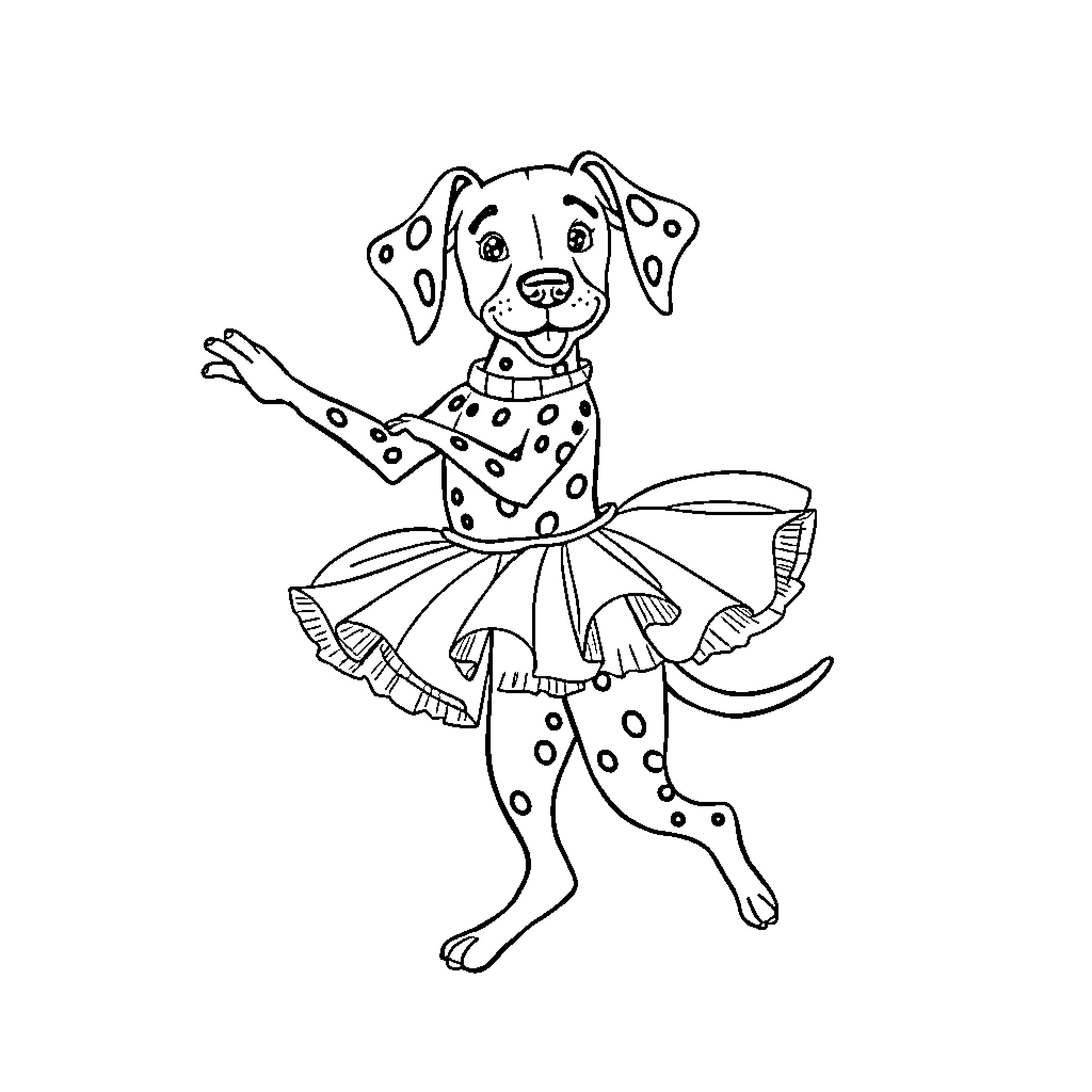 Dalmatian dog dressed in costume dancing happily Coloring Page (free black-and-white line drawing printable PDF for all, from beginners to advanced learners, including children, teens, adults, and seniors)