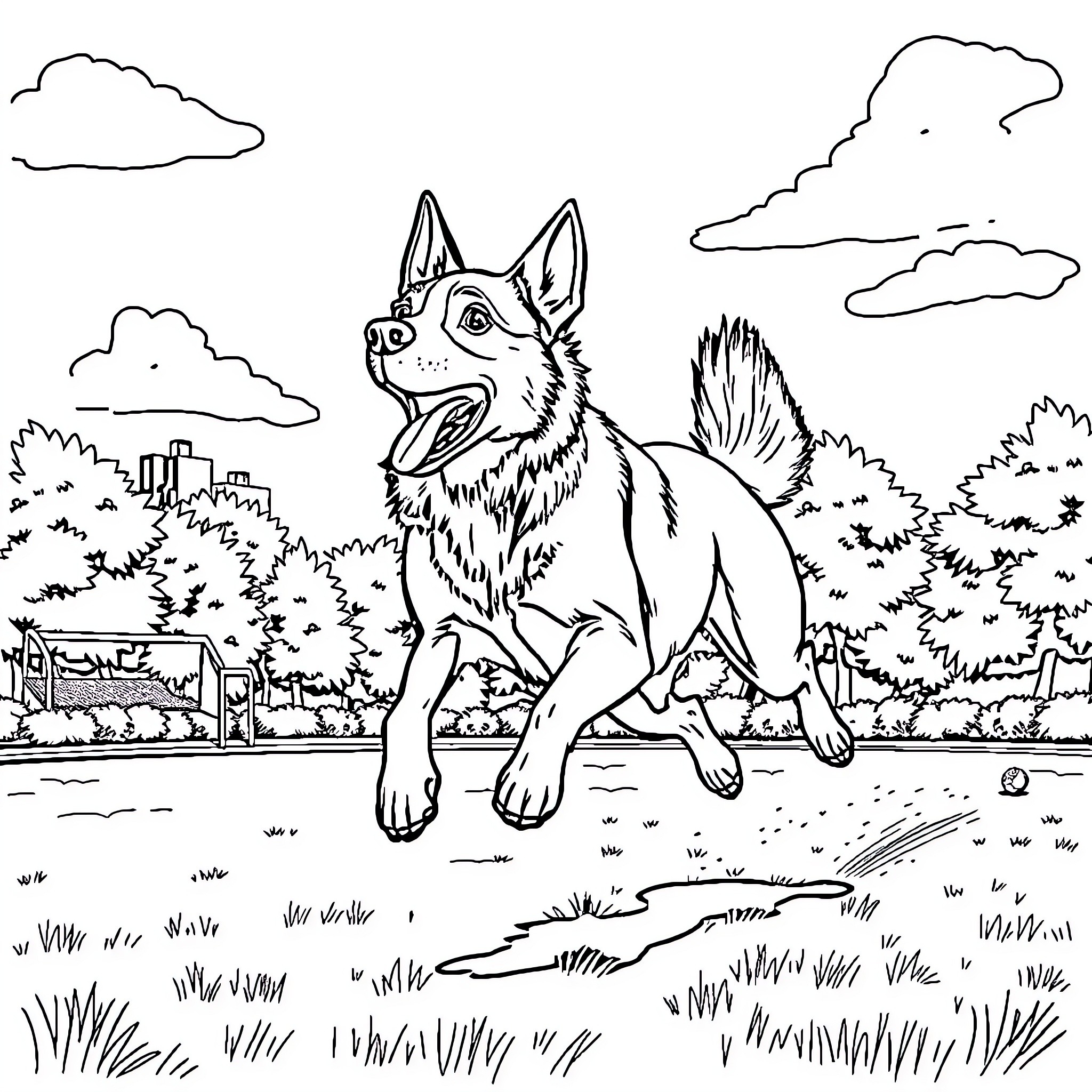Peruvian Dog playing in a natural landscape Coloring Page (free black-and-white line drawing printable PDF for all, from beginners to advanced learners, including children, teens, adults, and seniors)