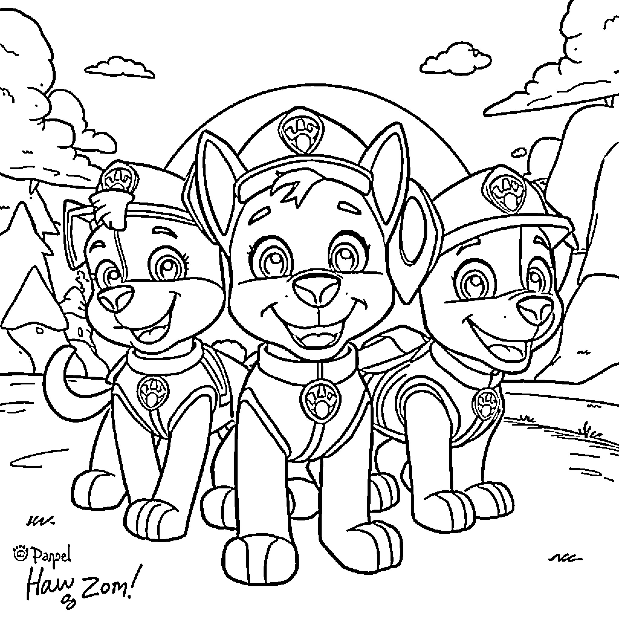 Paw Patrol Team in Action Coloring Page (free black-and-white line drawing printable PDF for all, from beginners to advanced learners, including children, teens, adults, and seniors)