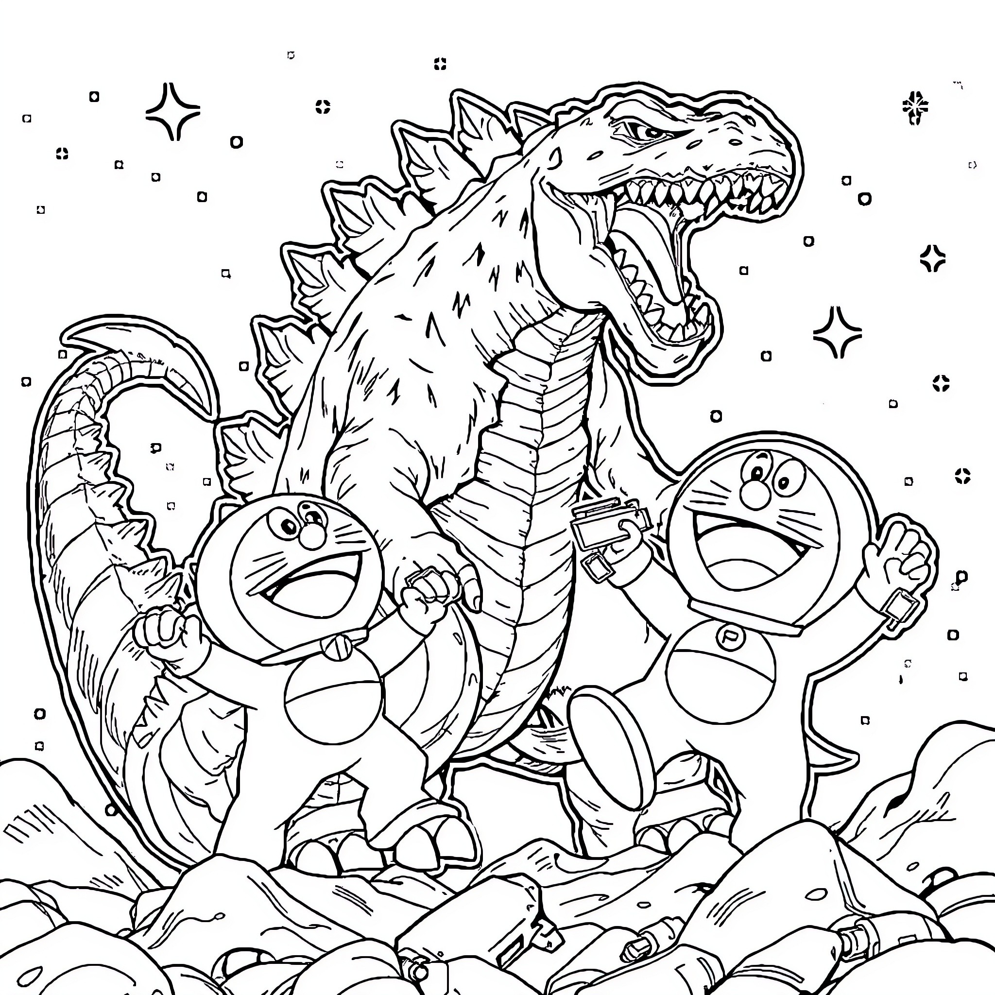Godzilla's Clash with Doraemon and Friends Coloring Page (free black-and-white line drawing printable PDF for all, from beginners to advanced learners, including children, teens, adults, and seniors)