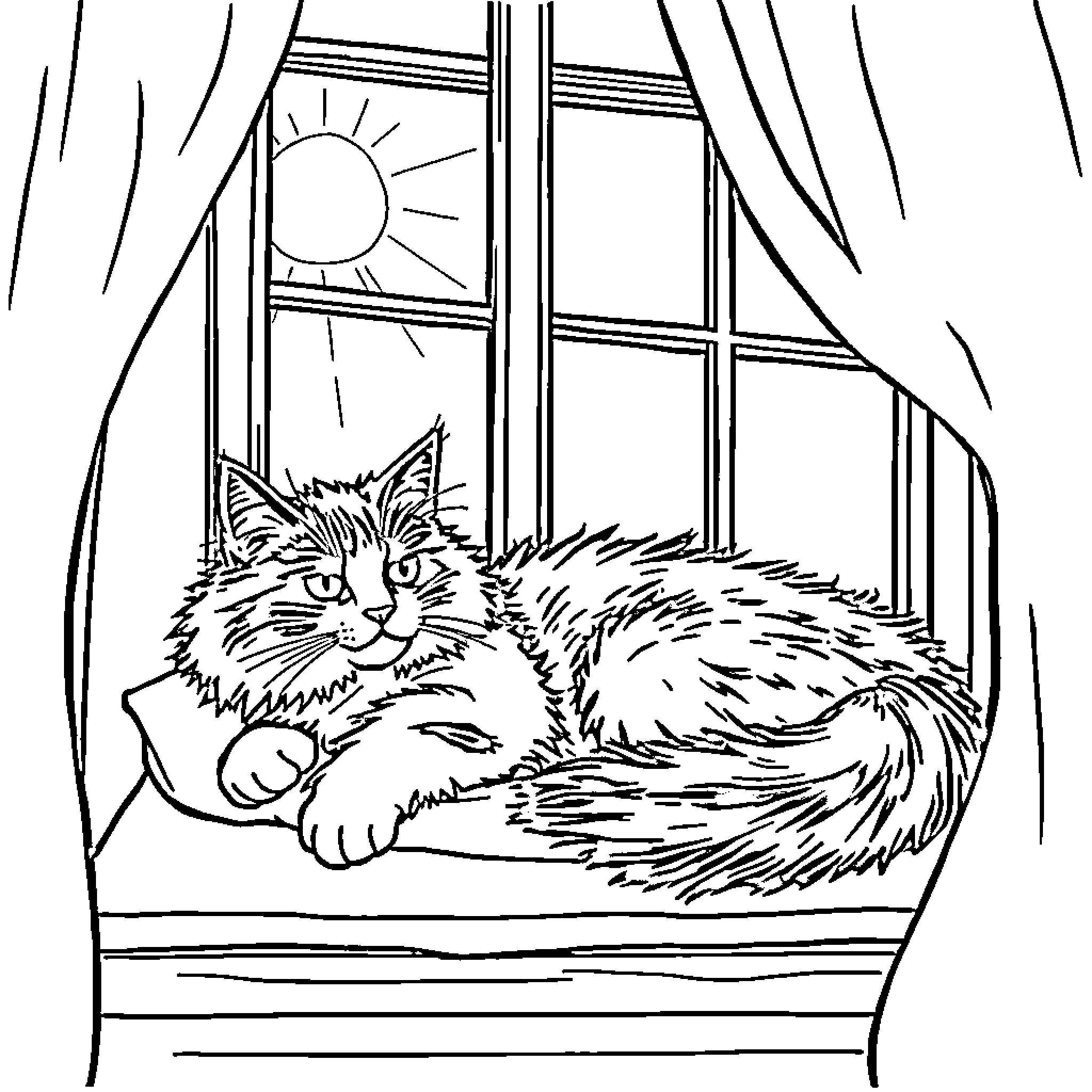 Cat resting peacefully in window sill Coloring Page (free black-and-white line drawing printable PDF for all, from beginners to advanced learners, including children, teens, adults, and seniors)