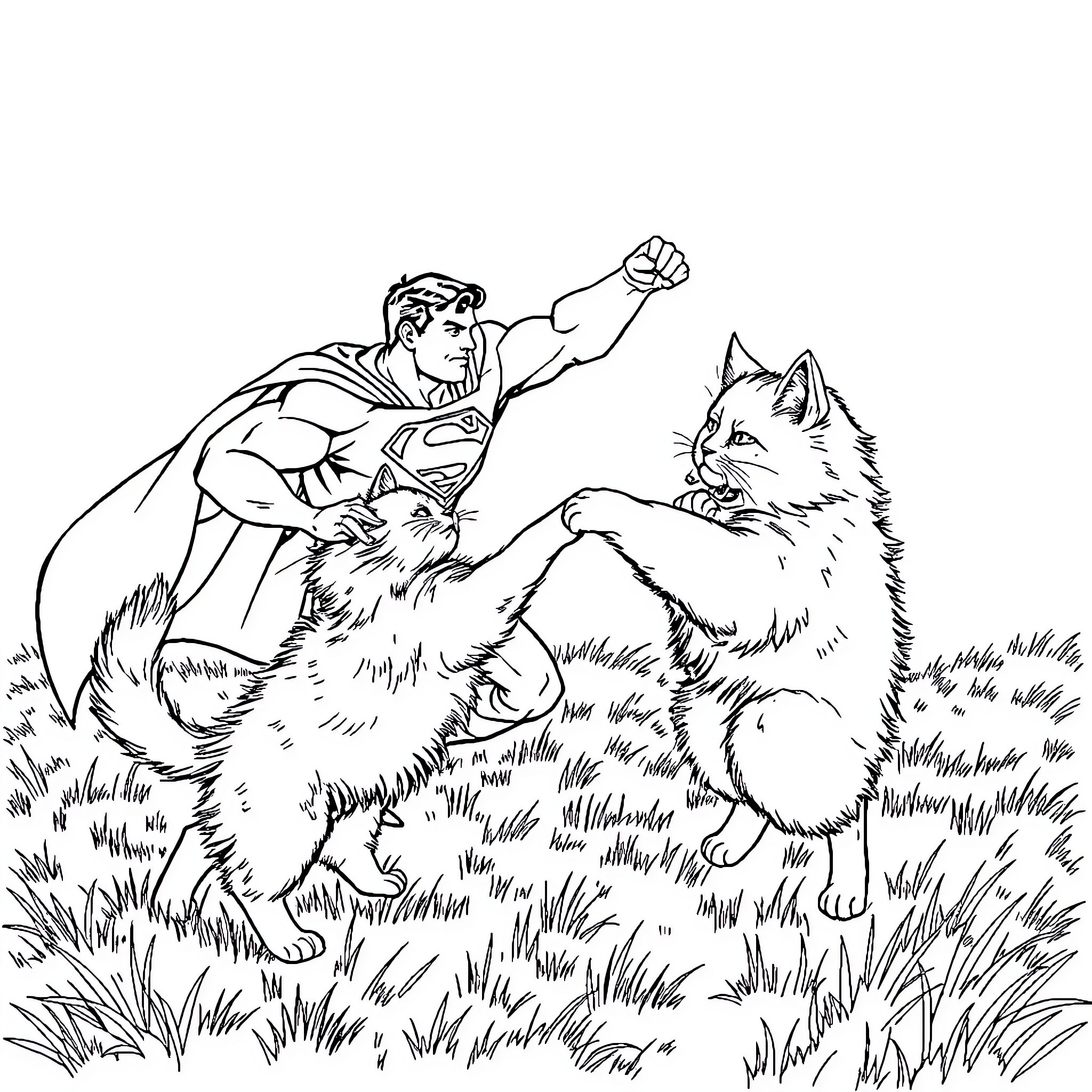 Superman battling ferocious wolves in the wild Coloring Page (free black-and-white line drawing printable PDF for all, from beginners to advanced learners, including children, teens, adults, and seniors)