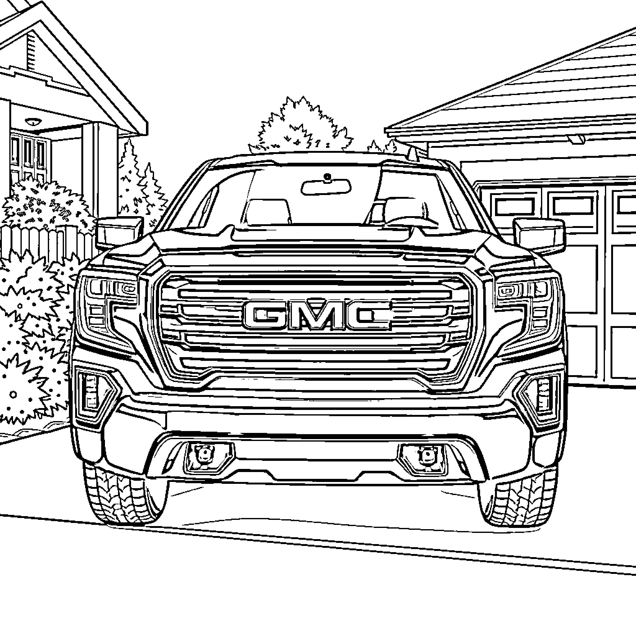 GMC Sierra parked in a driveway Coloring Page (free black-and-white line drawing printable PDF for all, from beginners to advanced learners, including children, teens, adults, and seniors)