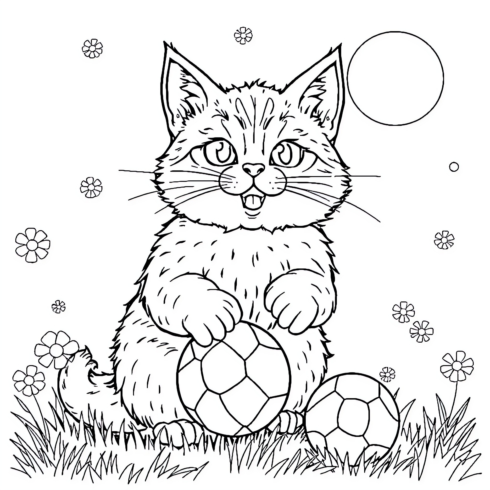 Cat playing with soccer balls in a floral field Coloring Page (free black-and-white line drawing printable PDF for all, from beginners to advanced learners, including children, teens, adults, and seniors)