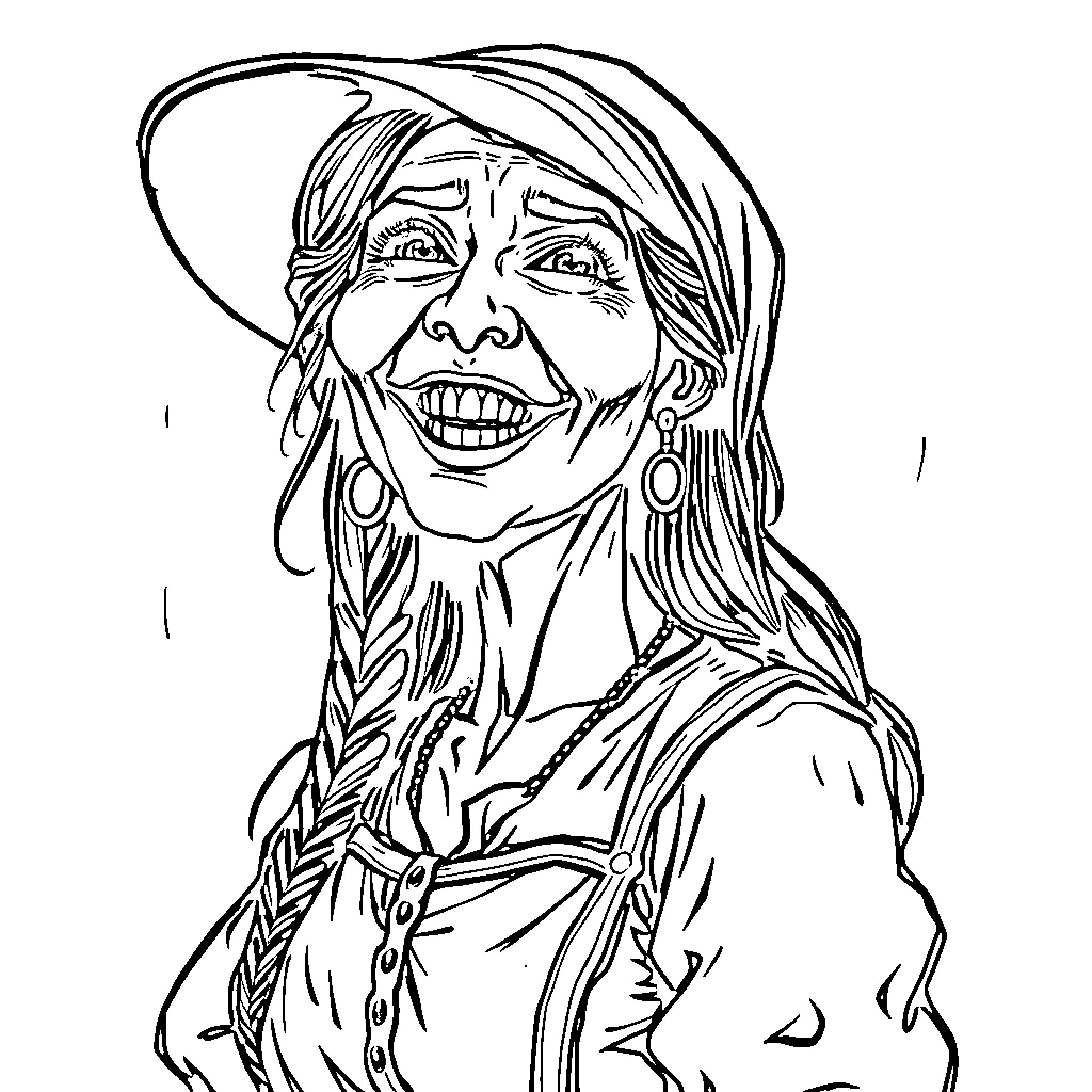 Woman in traditional Native American dress smiling Coloring Page (free black-and-white line drawing printable PDF for all, from beginners to advanced learners, including children, teens, adults, and seniors)