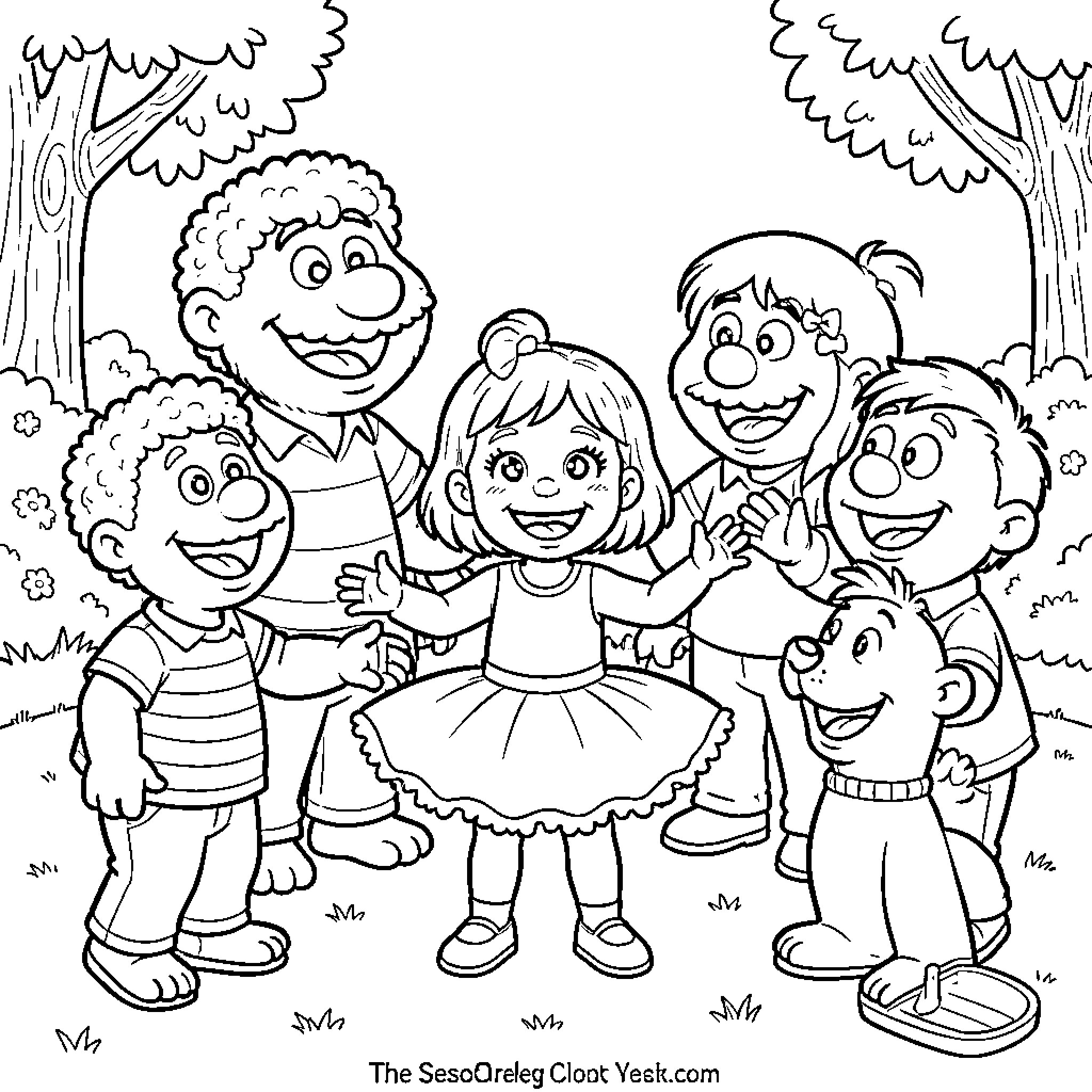 Sesame Street characters cheering for a dancing girl Coloring Page (free black-and-white line drawing printable PDF for all, from beginners to advanced learners, including children, teens, adults, and seniors)