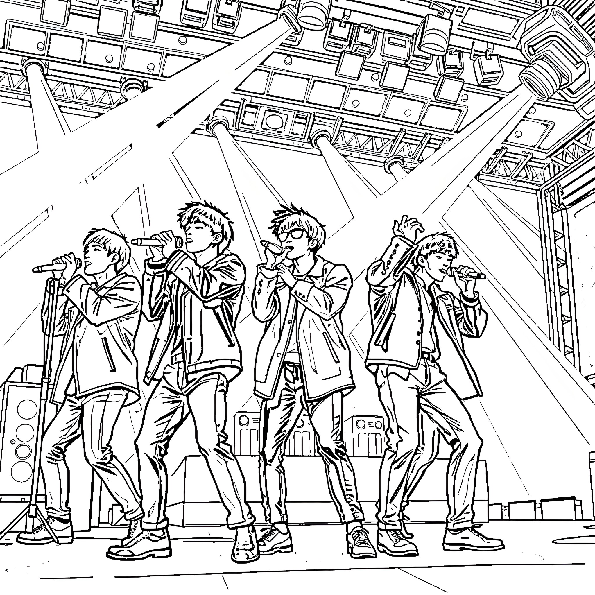 Kpop Performers on Stage Singing and Dancing Coloring Page (free black-and-white line drawing printable PDF for all, from beginners to advanced learners, including children, teens, adults, and seniors)