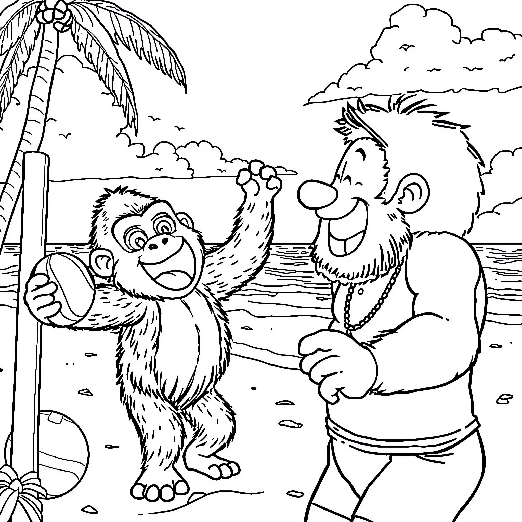 Brigham Young Interacts with Playful Monkeys on a Beach Coloring Page (free black-and-white line drawing printable PDF for all, from beginners to advanced learners, including children, teens, adults, and seniors)