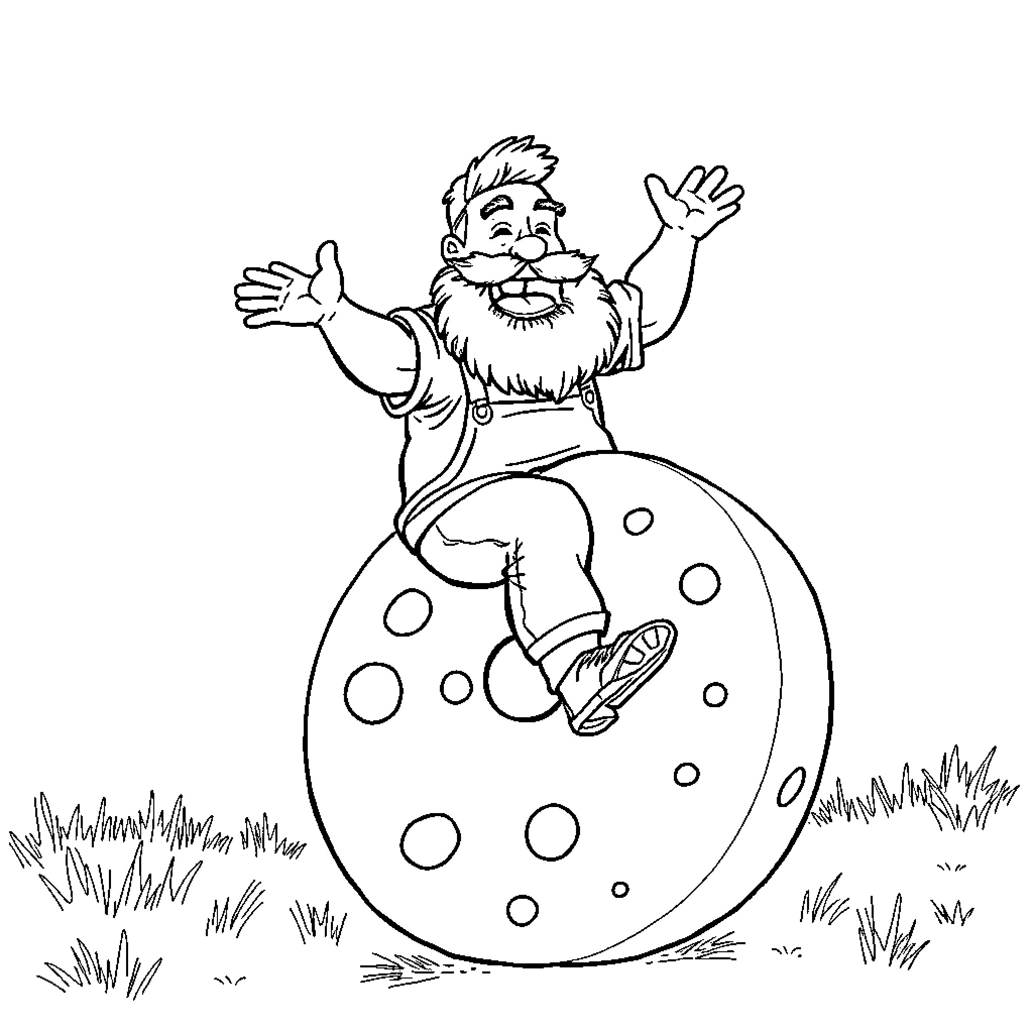 Man joyfully rolling on spotted sphere in nature Coloring Page (free black-and-white line drawing printable PDF for all, from beginners to advanced learners, including children, teens, adults, and seniors)