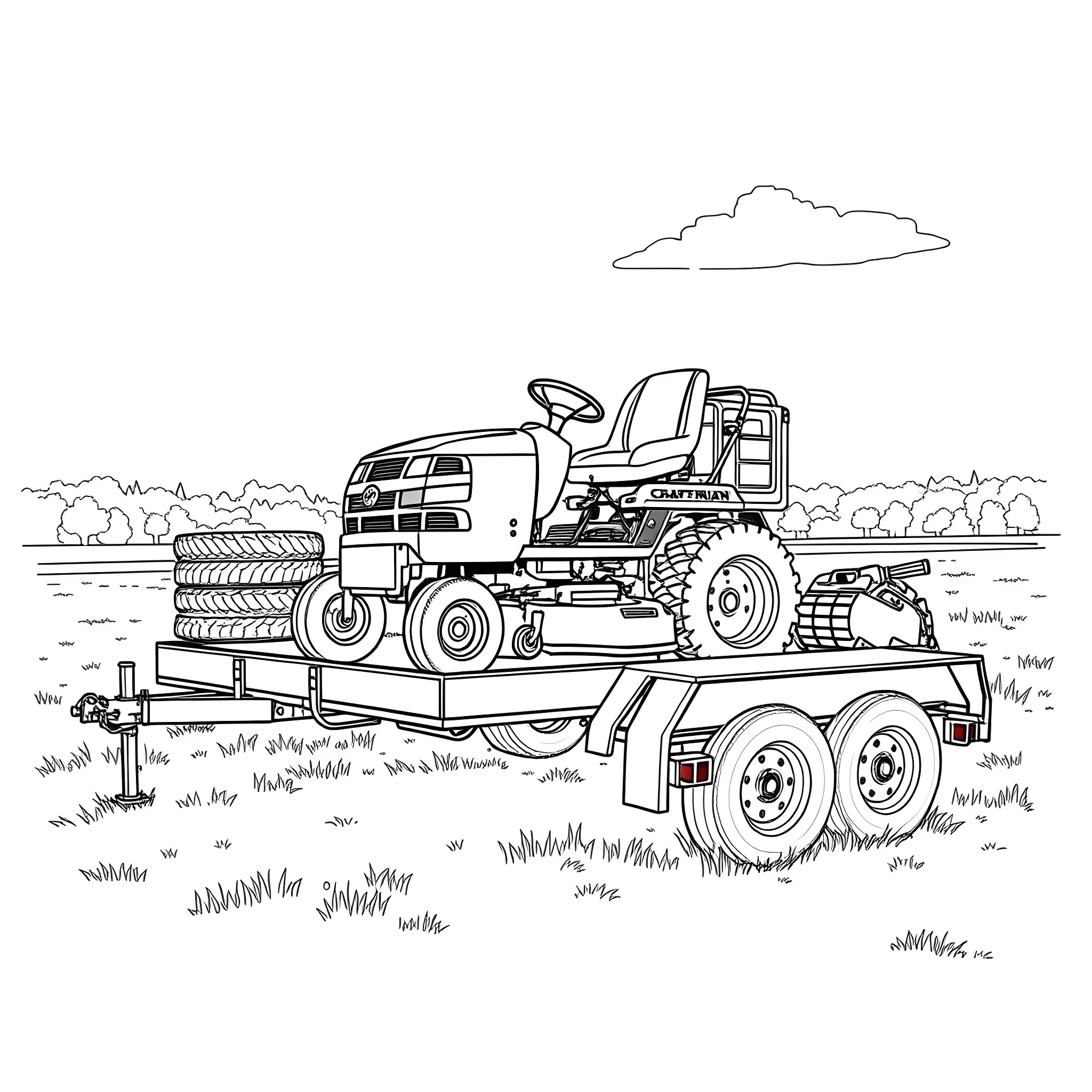 Mower riding on lawn with trailer Coloring Page (free black-and-white line drawing printable PDF for all, from beginners to advanced learners, including children, teens, adults, and seniors)