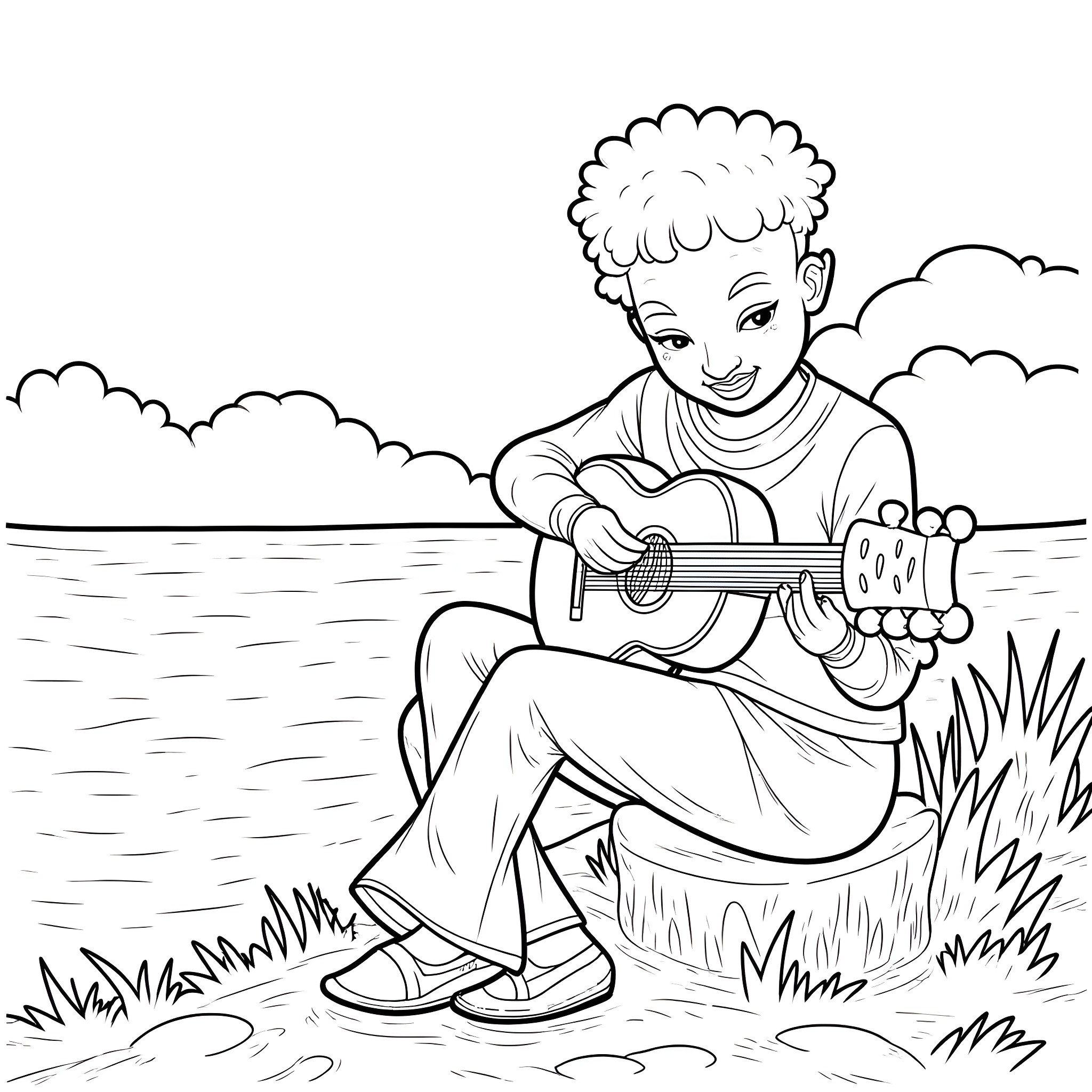 Dwen playing guitar by the lakeside Coloring Page (free black-and-white line drawing printable PDF for all, from beginners to advanced learners, including children, teens, adults, and seniors)