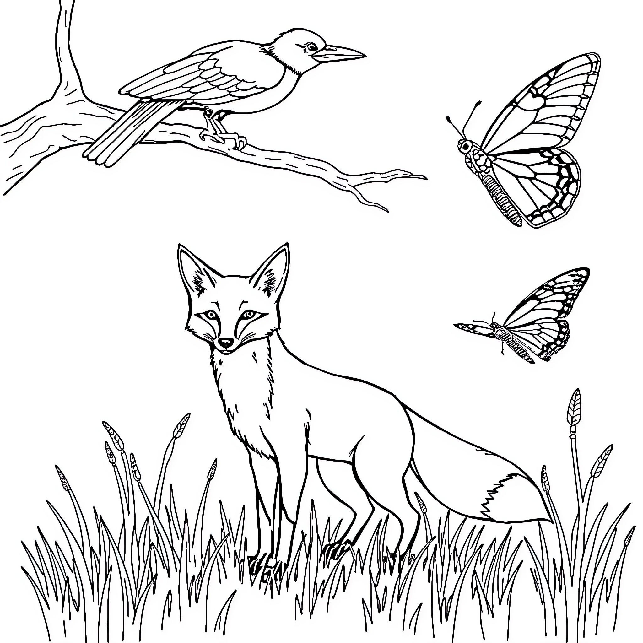 Fox and Woodland Creatures in Nature Coloring Page (free black-and-white line drawing printable PDF for all, from beginners to advanced learners, including children, teens, adults, and seniors)