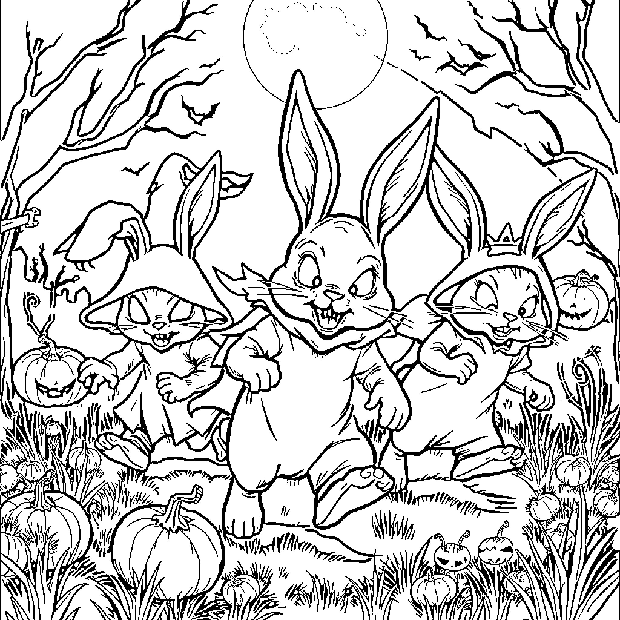 Bunny Buddies Frolicking in Spooky Autumn Forest Coloring Page (free black-and-white line drawing printable PDF for all, from beginners to advanced learners, including children, teens, adults, and seniors)