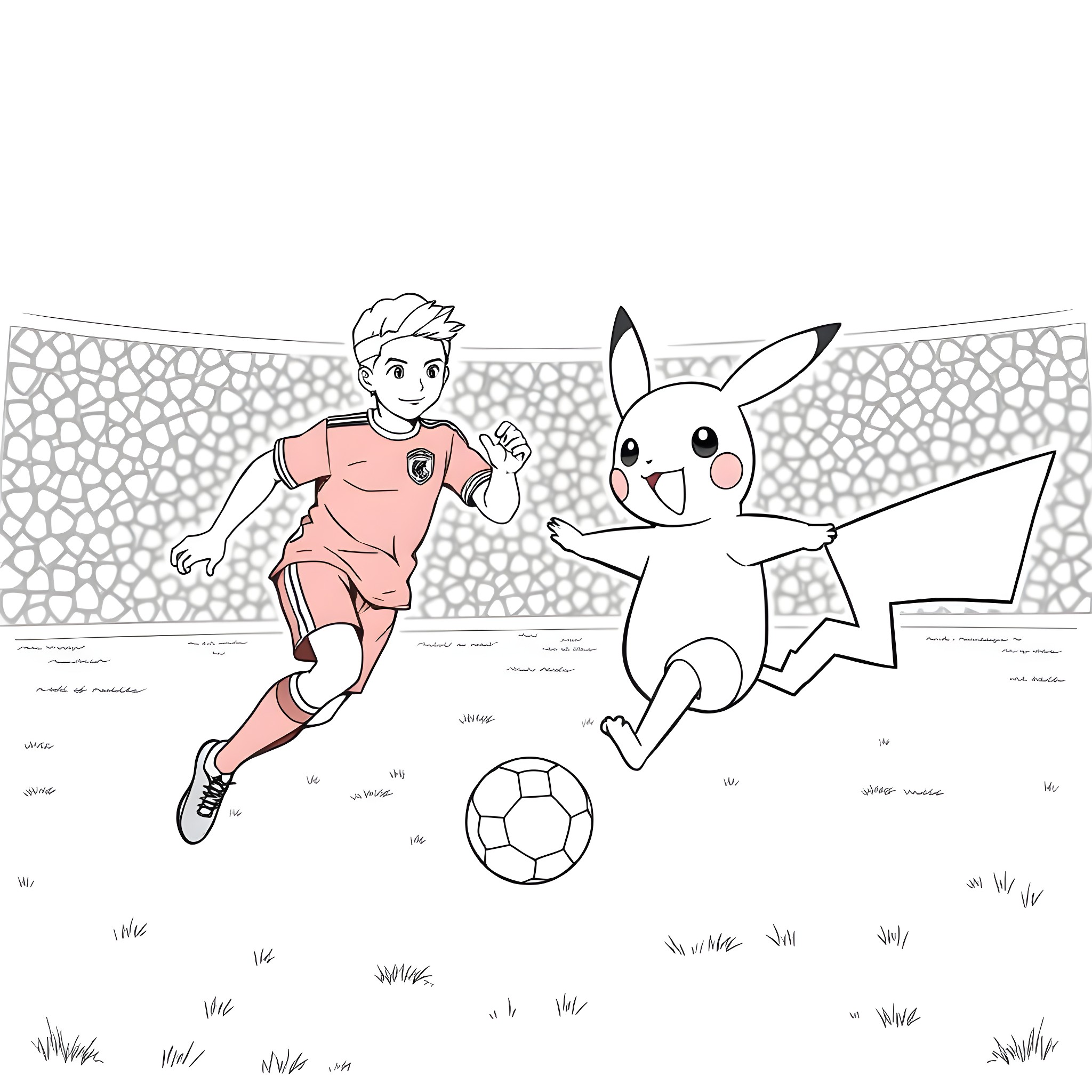 Pokémon characters playing soccer on the field Coloring Page (free black-and-white line drawing printable PDF for all, from beginners to advanced learners, including children, teens, adults, and seniors)