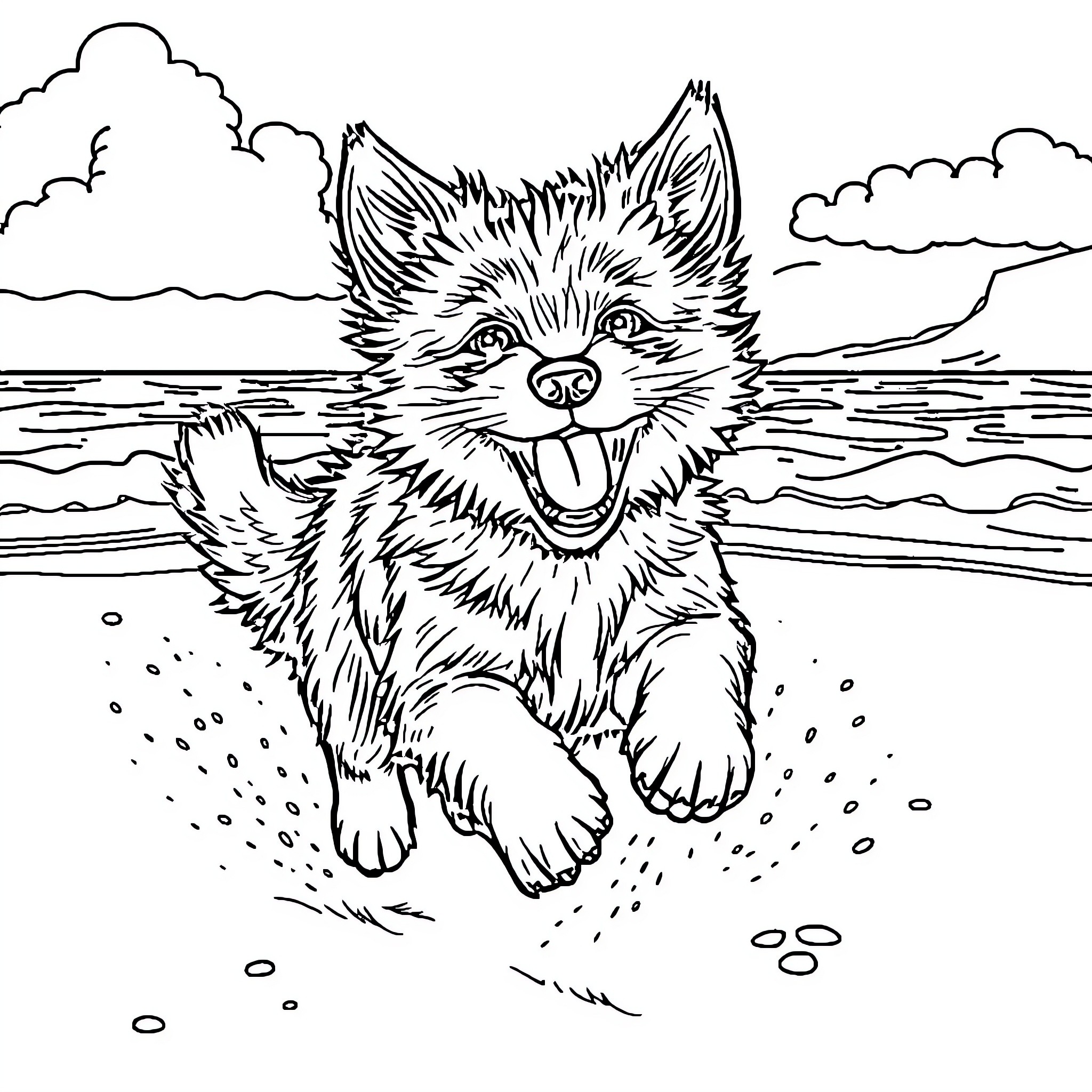 CKC Playful Puppy Frolicking on Beach Coloring Page (free black-and-white line drawing printable PDF for all, from beginners to advanced learners, including children, teens, adults, and seniors)