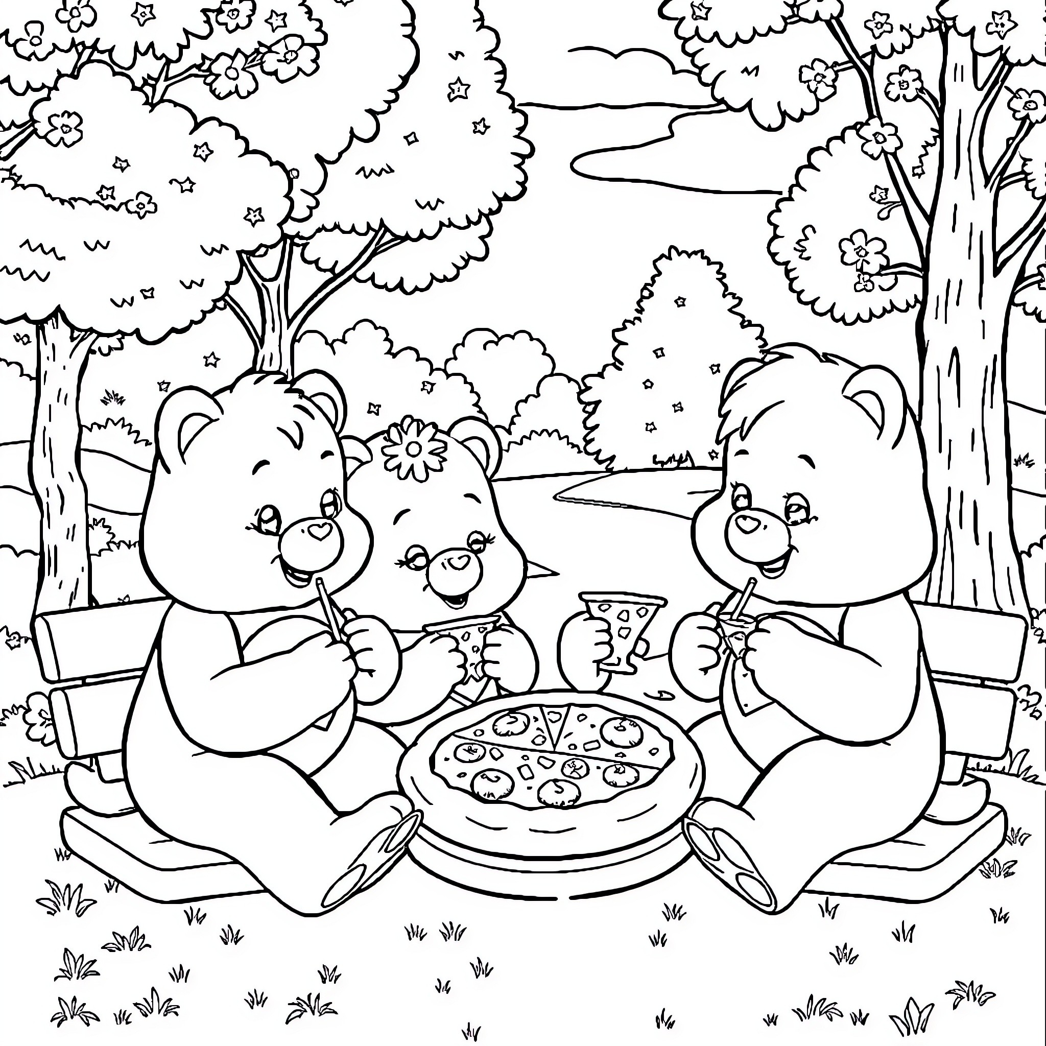 Care Bears Enjoying a Picnic in Nature Coloring Page (free black-and-white line drawing printable PDF for all, from beginners to advanced learners, including children, teens, adults, and seniors)
