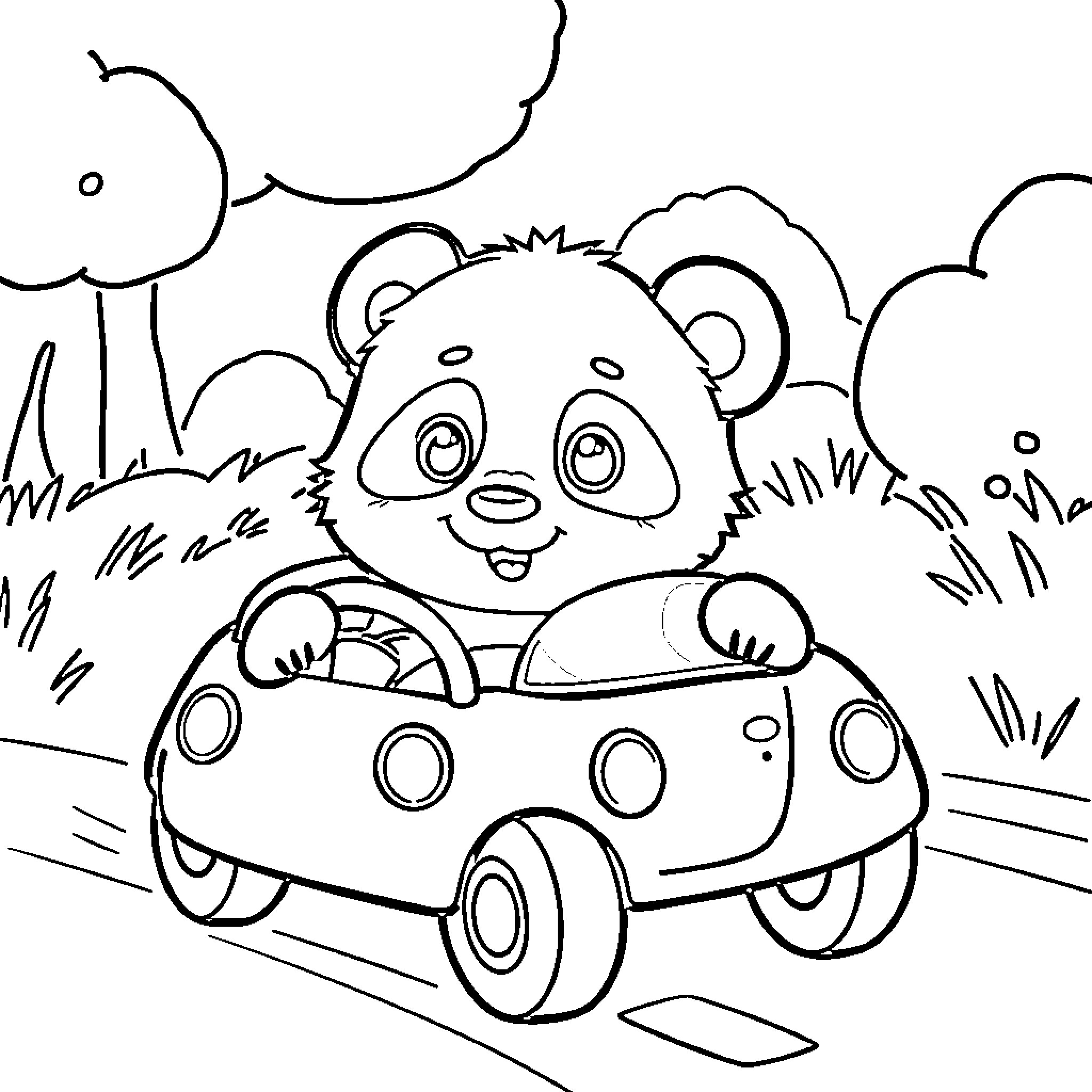 Panda driving a car through the countryside Coloring Page (free black-and-white line drawing printable PDF for all, from beginners to advanced learners, including children, teens, adults, and seniors)