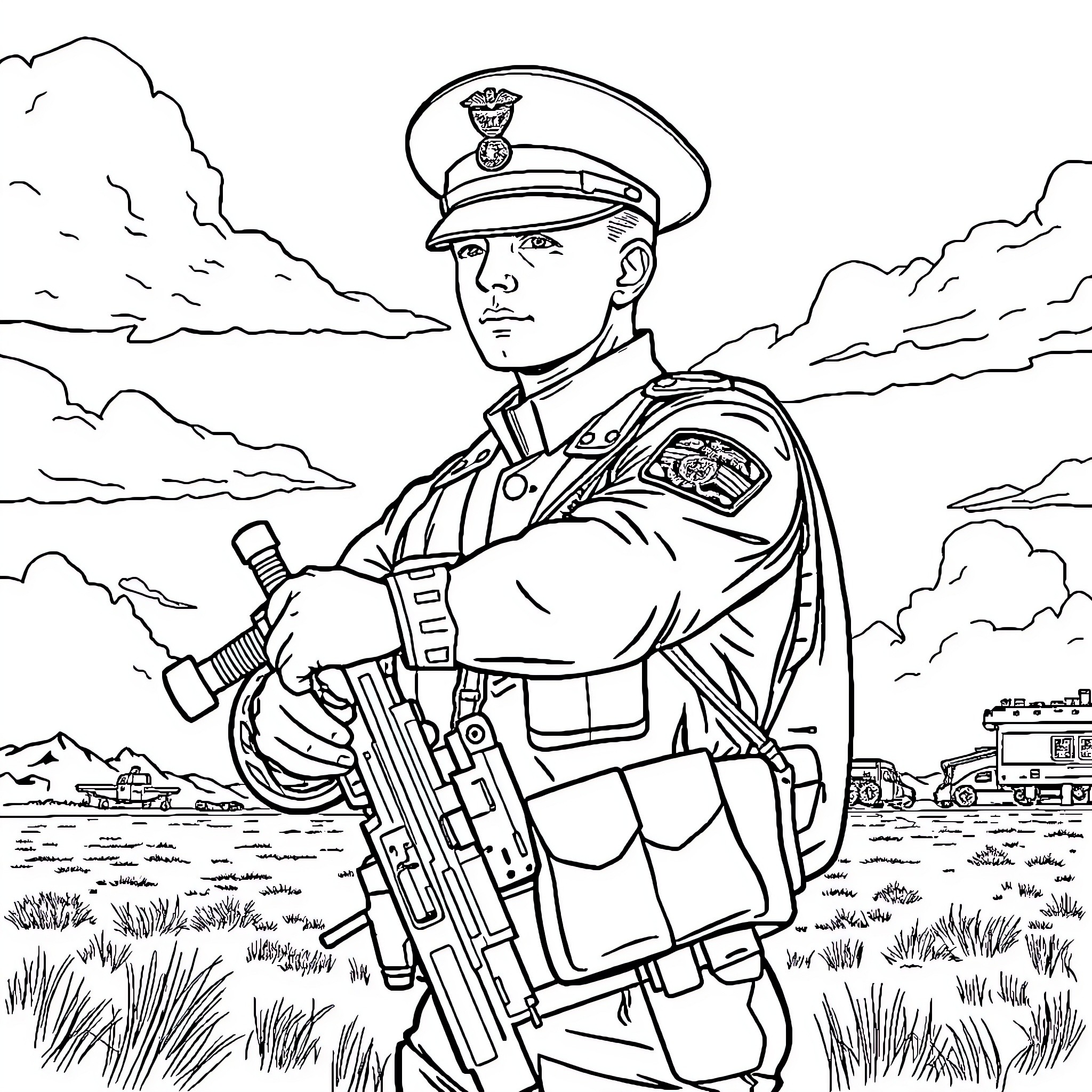 Marine soldier in combat gear holding rifle Coloring Page (free black-and-white line drawing printable PDF for all, from beginners to advanced learners, including children, teens, adults, and seniors)