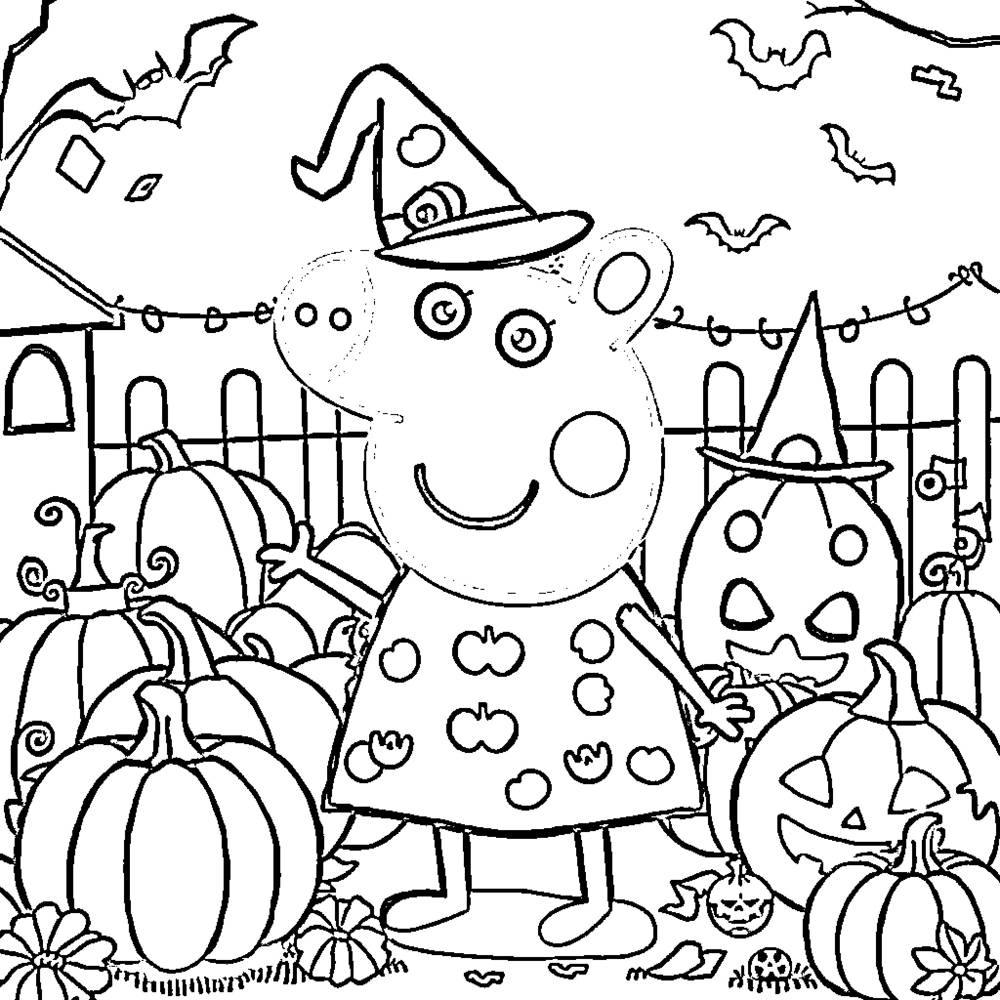 Peppa Pig celebrates Halloween with friends Coloring Page (free black-and-white line drawing printable PDF for all, from beginners to advanced learners, including children, teens, adults, and seniors)