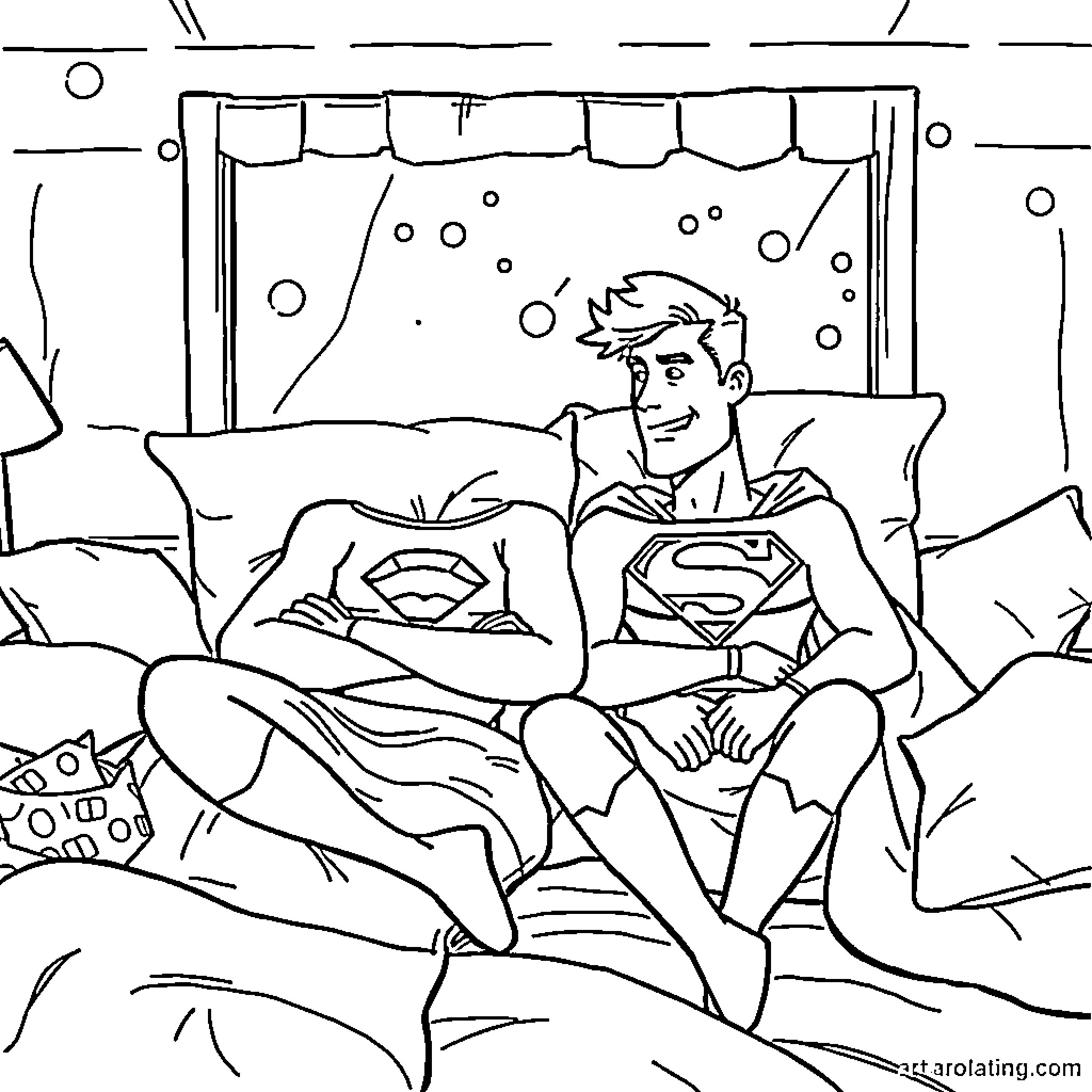 Lex Luthor relaxing in a bubble bath Coloring Page (free black-and-white line drawing printable PDF for all, from beginners to advanced learners, including children, teens, adults, and seniors)