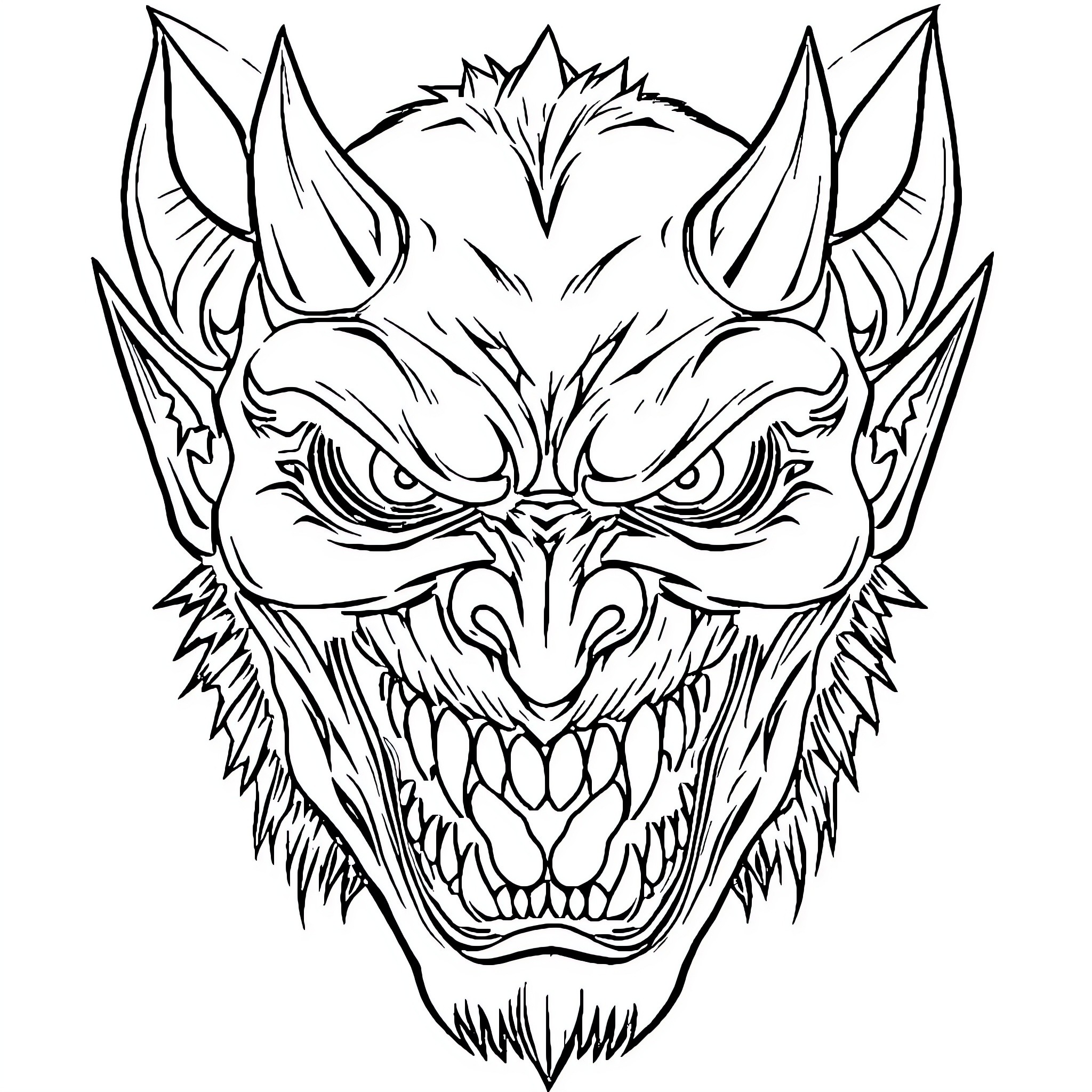 Monster with fearsome expression and sharp fangs Coloring Page (free black-and-white line drawing printable PDF for all, from beginners to advanced learners, including children, teens, adults, and seniors)