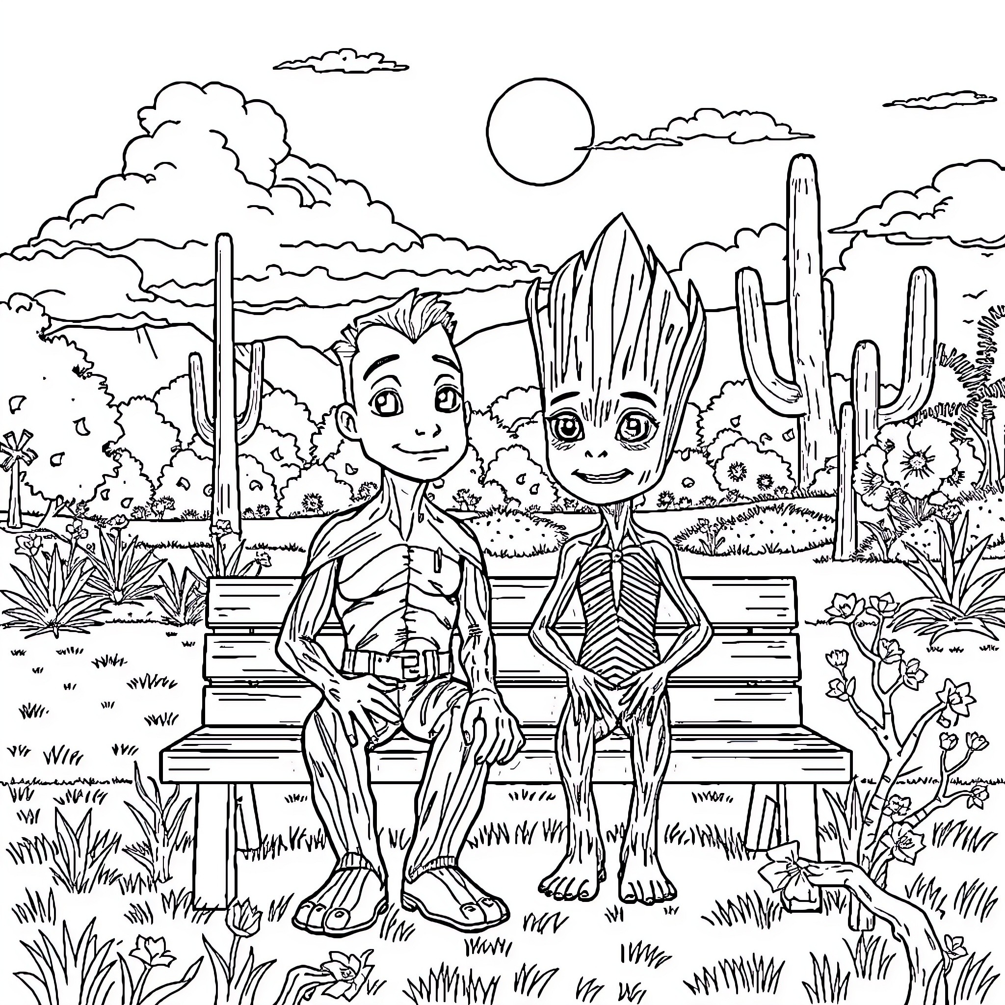 Grogu enjoying the desert scenery with a friend Coloring Page (free black-and-white line drawing printable PDF for all, from beginners to advanced learners, including children, teens, adults, and seniors)