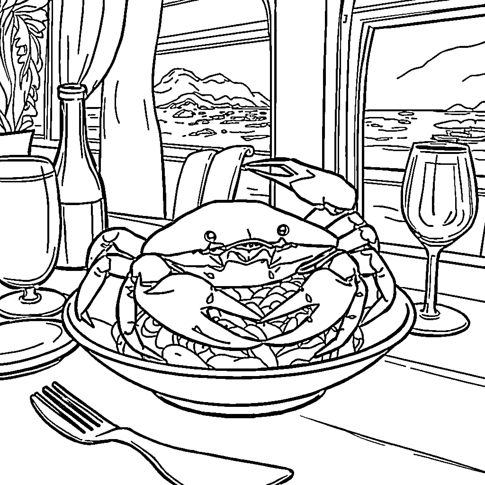 Crab Feast by the Seashore Coloring Page (free black-and-white line drawing printable PDF for all, from beginners to advanced learners, including children, teens, adults, and seniors)