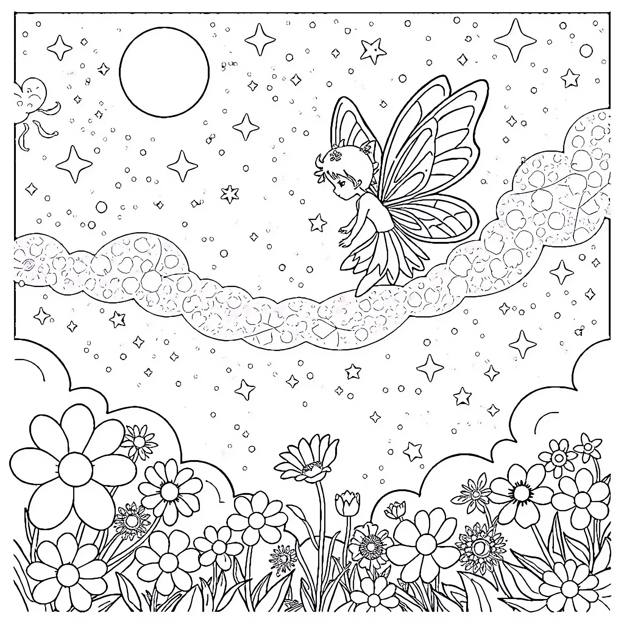 Fairy floating amidst starry night and blooming flowers Coloring Page (free black-and-white line drawing printable PDF for all, from beginners to advanced learners, including children, teens, adults, and seniors)