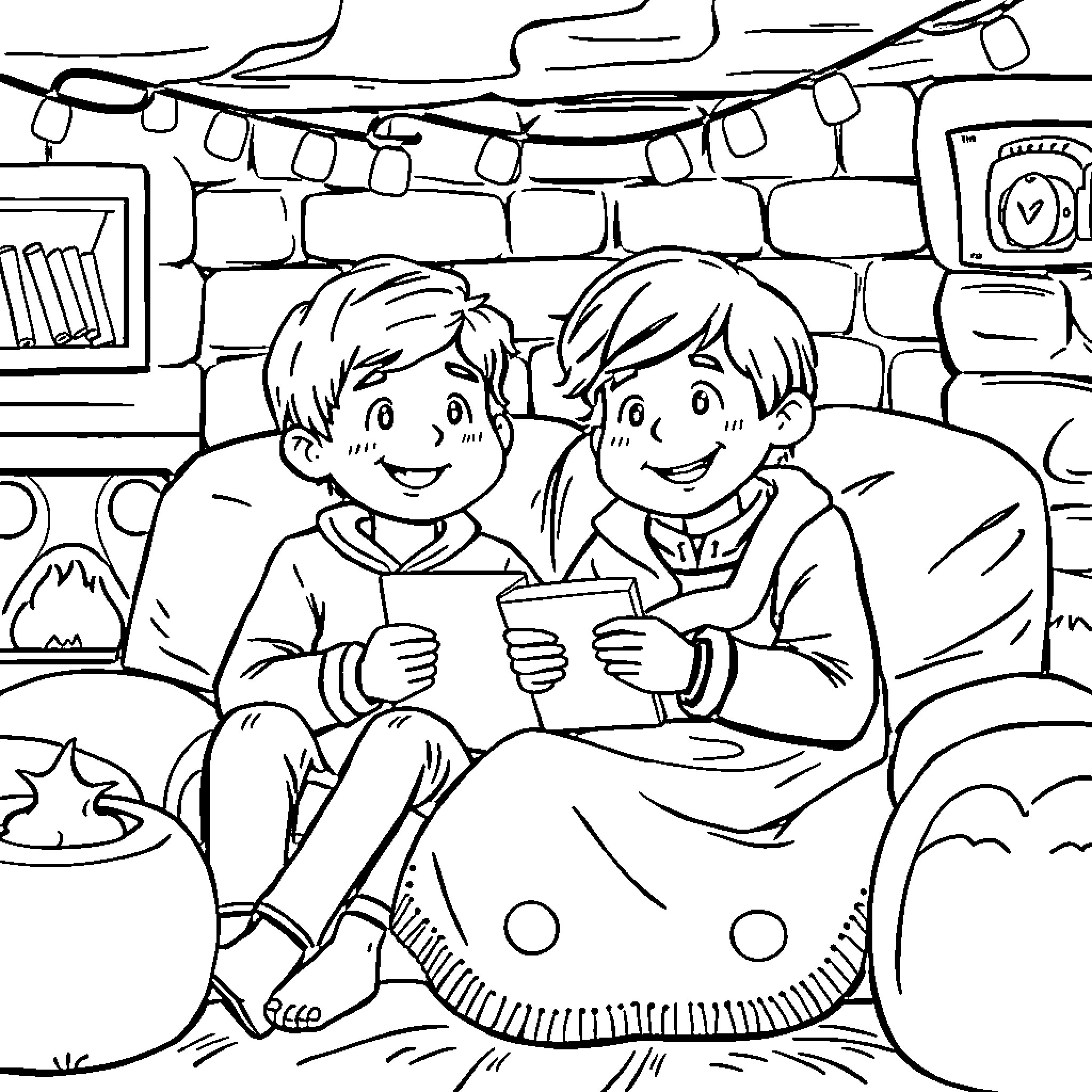 Will Byers' cozy night with his friend Coloring Page (free black-and-white line drawing printable PDF for all, from beginners to advanced learners, including children, teens, adults, and seniors)