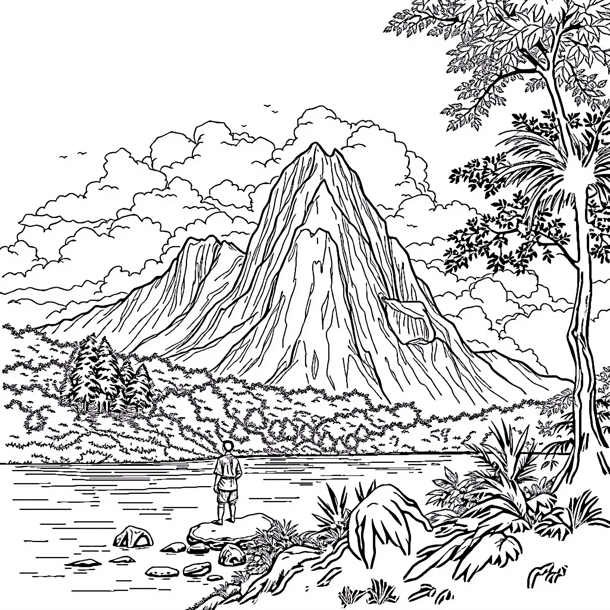 Pemuda admiring the majestic mountain landscape Coloring Page (free black-and-white line drawing printable PDF for all, from beginners to advanced learners, including children, teens, adults, and seniors)