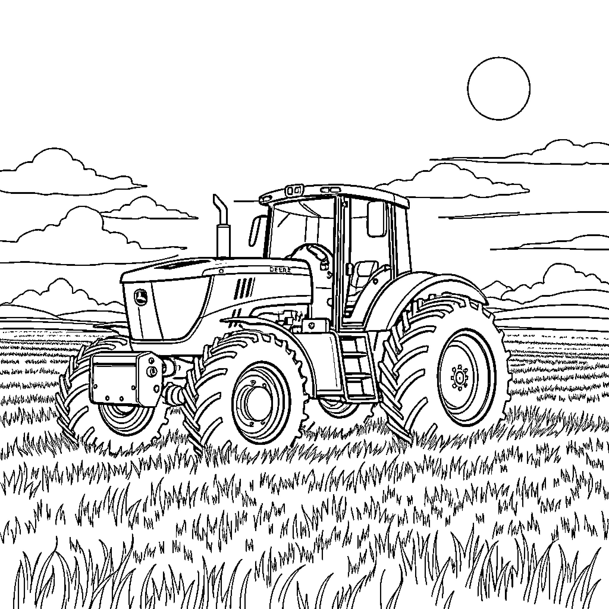 John Deere tractor working in the countryside Coloring Page (free black-and-white line drawing printable PDF for all, from beginners to advanced learners, including children, teens, adults, and seniors)