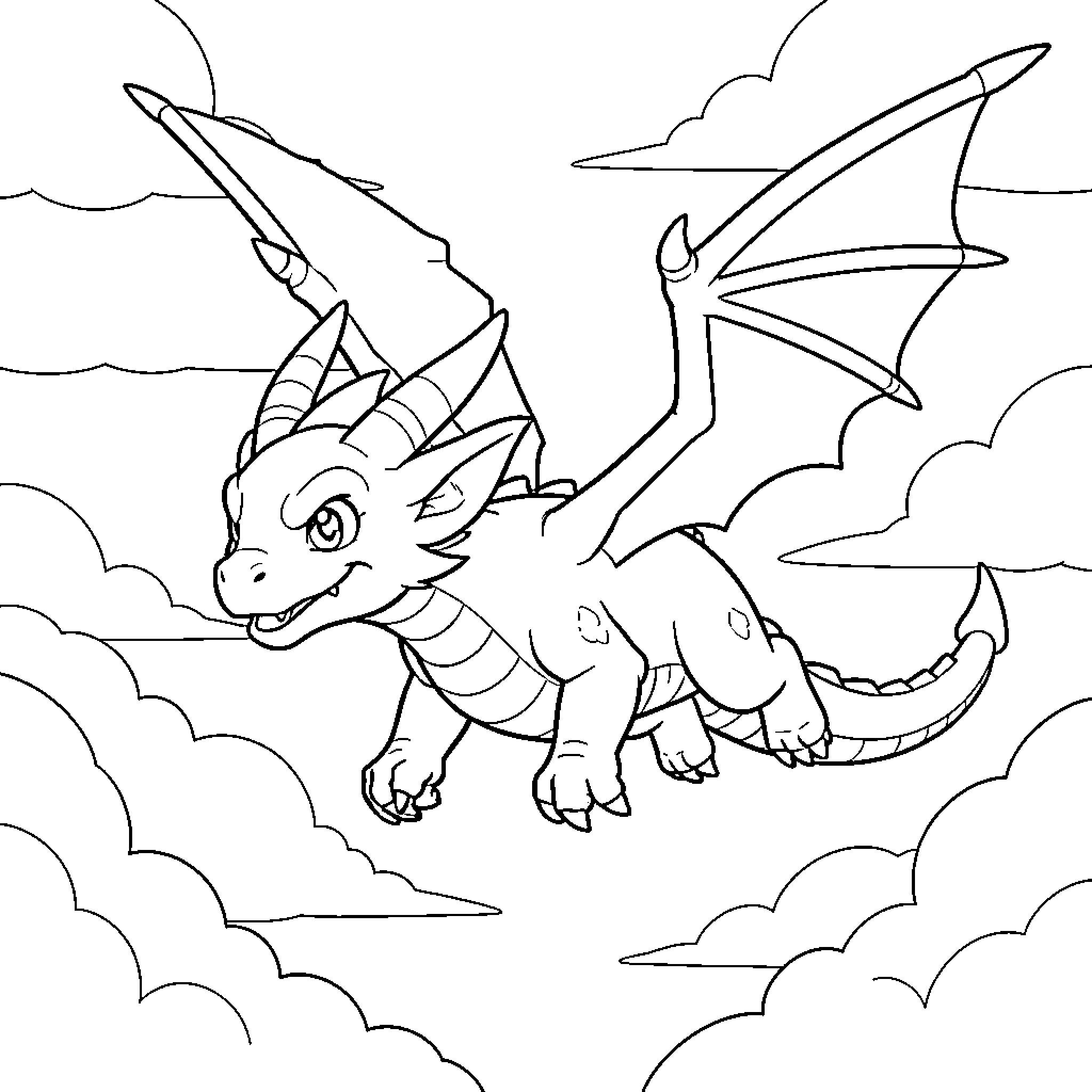 Flammy the dragon flying joyfully through the clouds Coloring Page (free black-and-white line drawing printable PDF for all, from beginners to advanced learners, including children, teens, adults, and seniors)