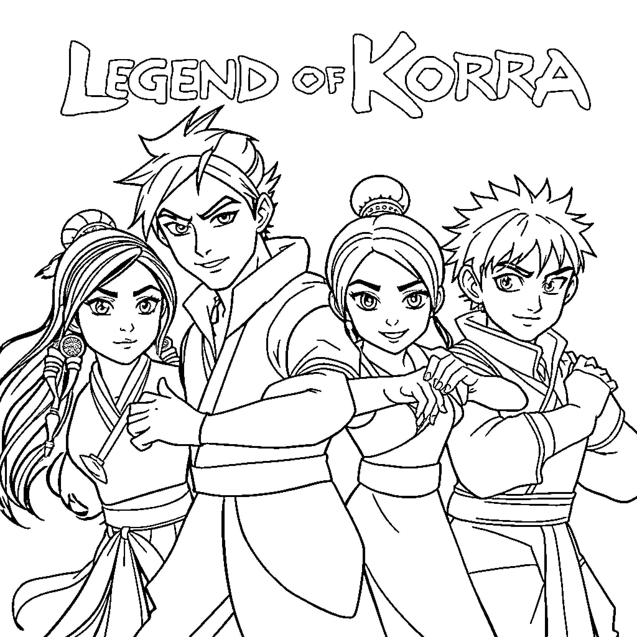 Korra and companions in action Coloring Page (free black-and-white line drawing printable PDF for all, from beginners to advanced learners, including children, teens, adults, and seniors)
