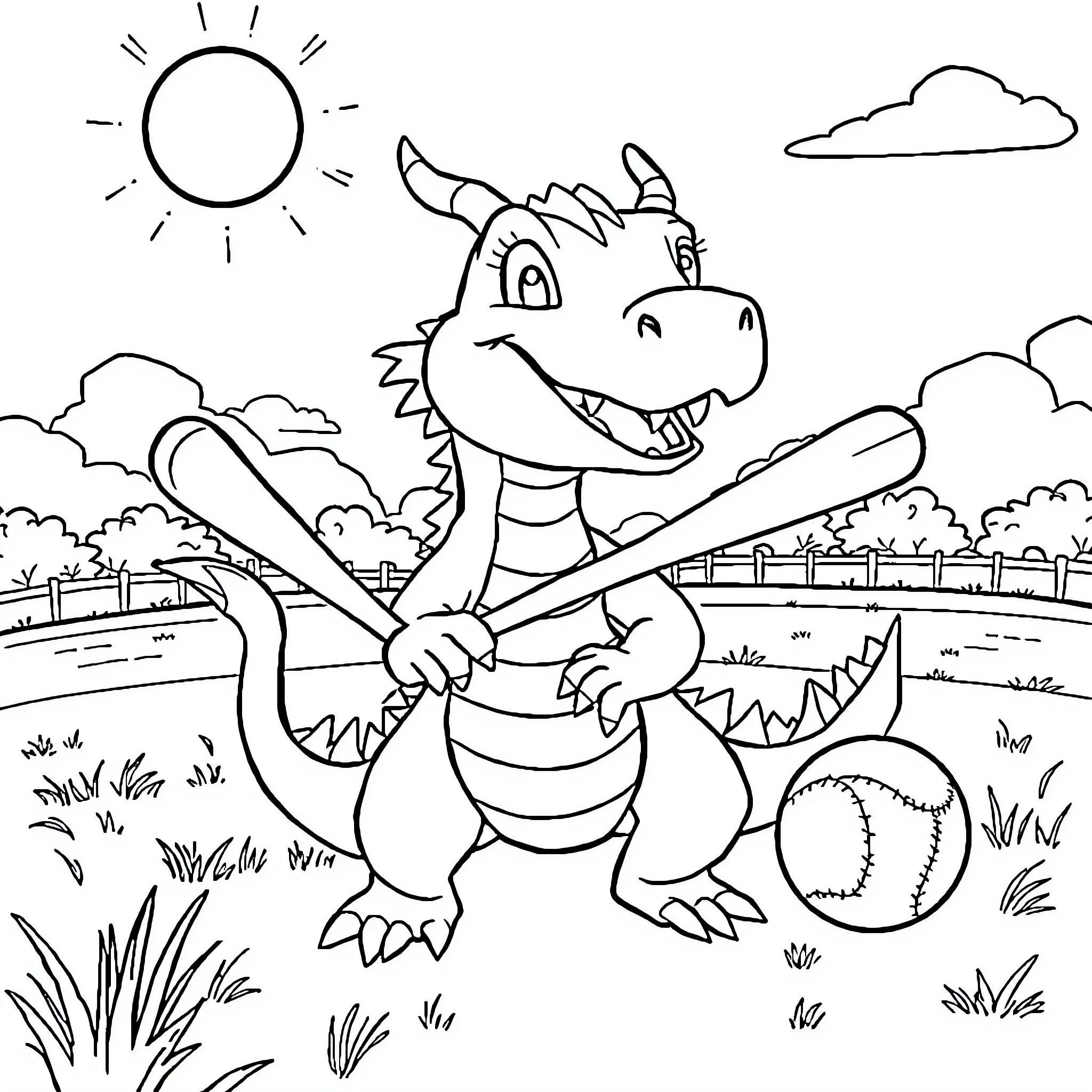Dragon Playing Baseball in the Countryside Coloring Page (free black-and-white line drawing printable PDF for all, from beginners to advanced learners, including children, teens, adults, and seniors)
