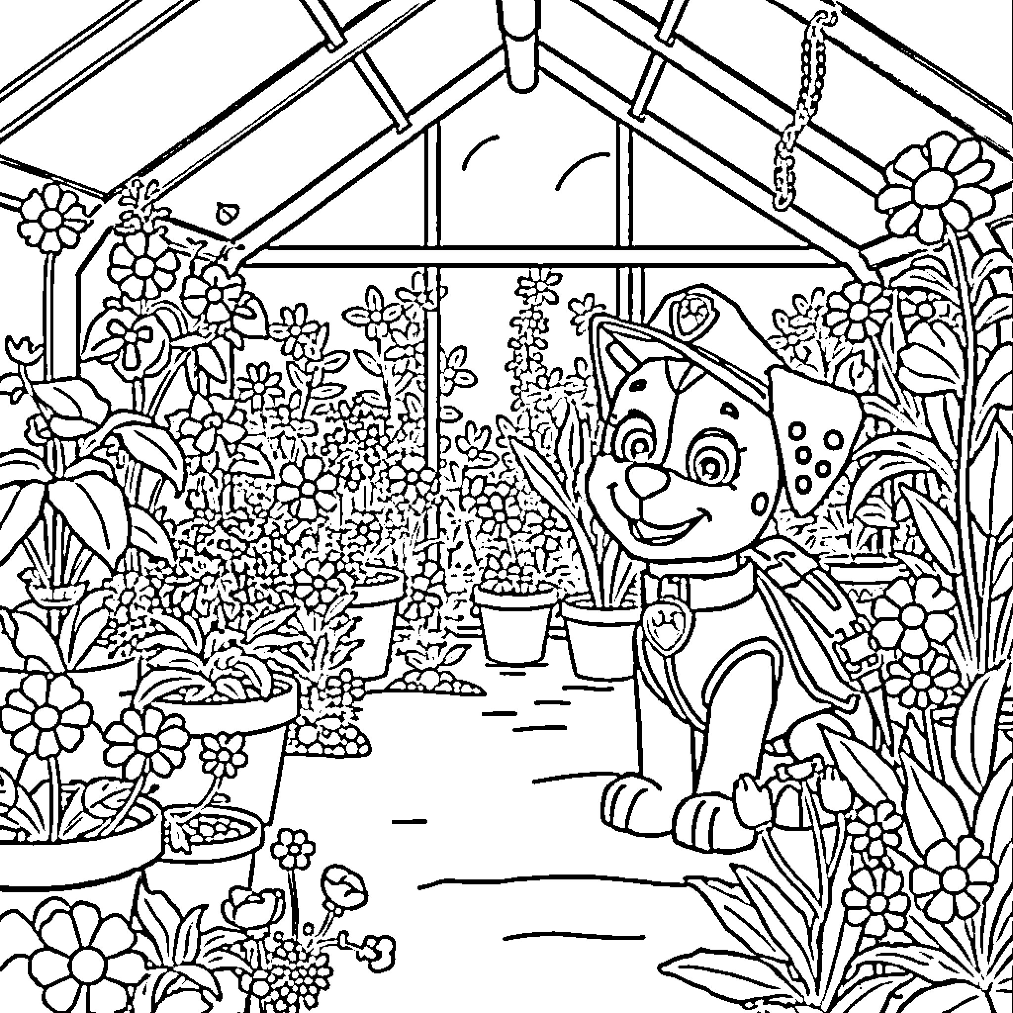 Paw Patrol character in a floral greenhouse setting Coloring Page (free black-and-white line drawing printable PDF for all, from beginners to advanced learners, including children, teens, adults, and seniors)