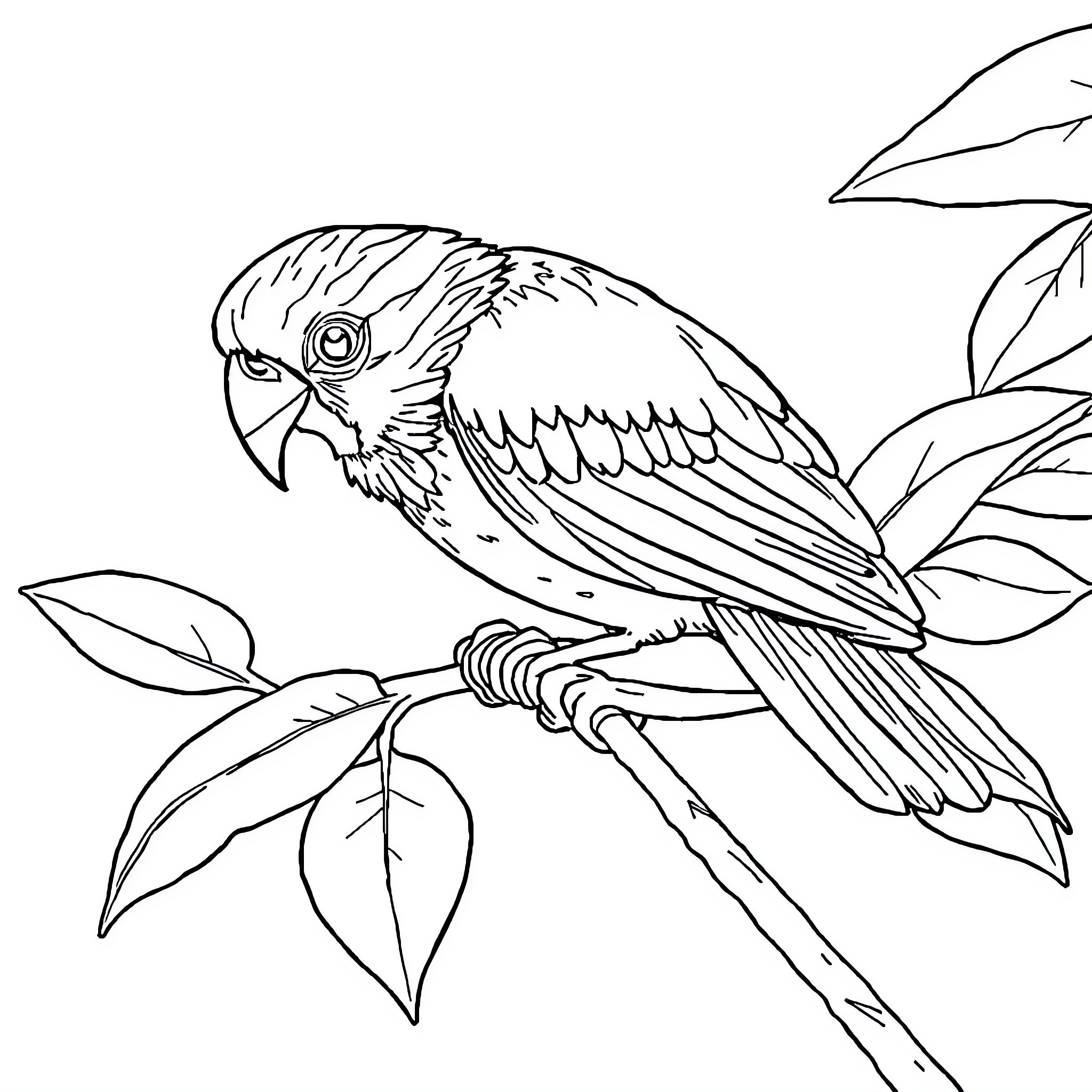 Fruit parrot perched on leafy branch Coloring Page (free black-and-white line drawing printable PDF for all, from beginners to advanced learners, including children, teens, adults, and seniors)