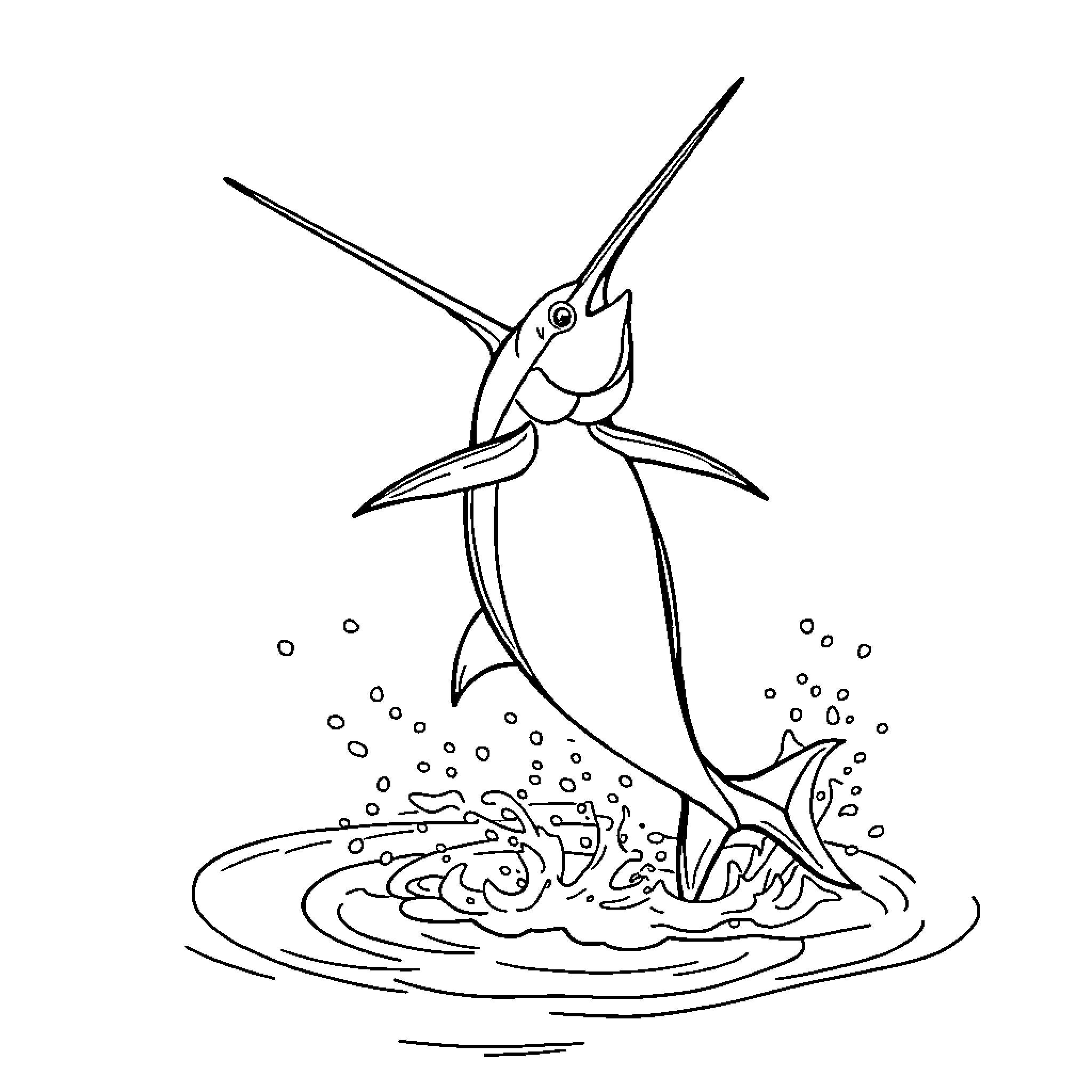 Marlin Leaping Dynamically in the Ocean Coloring Page (free black-and-white line drawing printable PDF for all, from beginners to advanced learners, including children, teens, adults, and seniors)