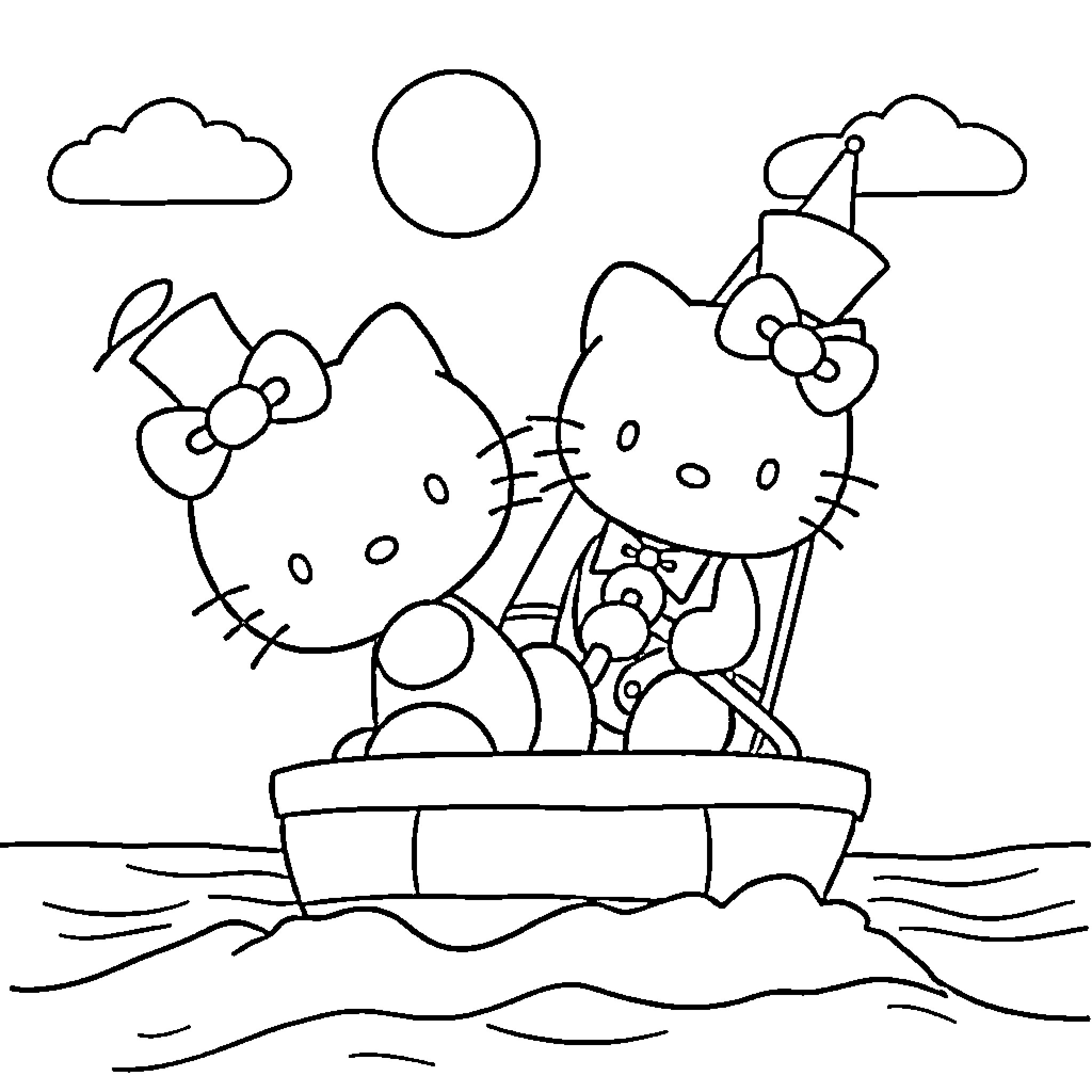 Hello Kitty enjoying a boat ride on the water Coloring Page (free black-and-white line drawing printable PDF for all, from beginners to advanced learners, including children, teens, adults, and seniors)