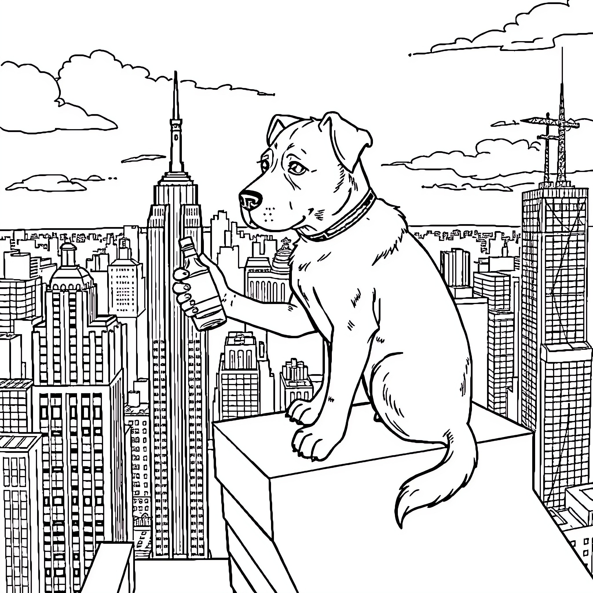 Dog enjoying the view of the city skyline Coloring Page (free black-and-white line drawing printable PDF for all, from beginners to advanced learners, including children, teens, adults, and seniors)
