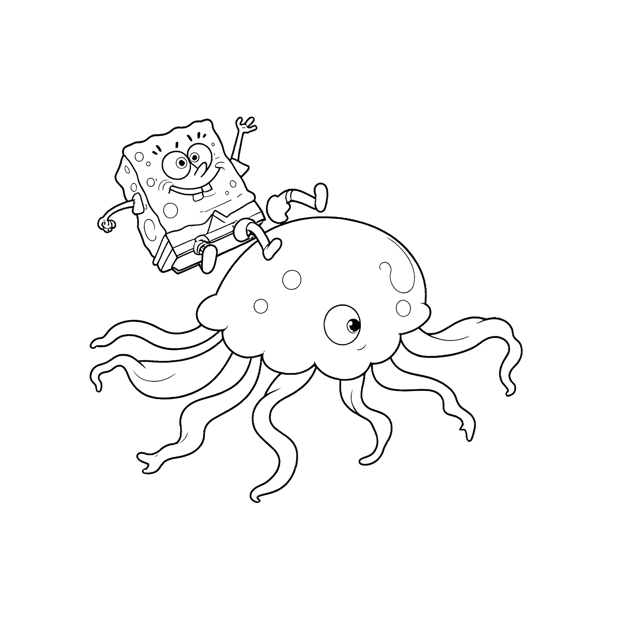Spongebob riding a giant octopus Coloring Page (free black-and-white line drawing printable PDF for all, from beginners to advanced learners, including children, teens, adults, and seniors)