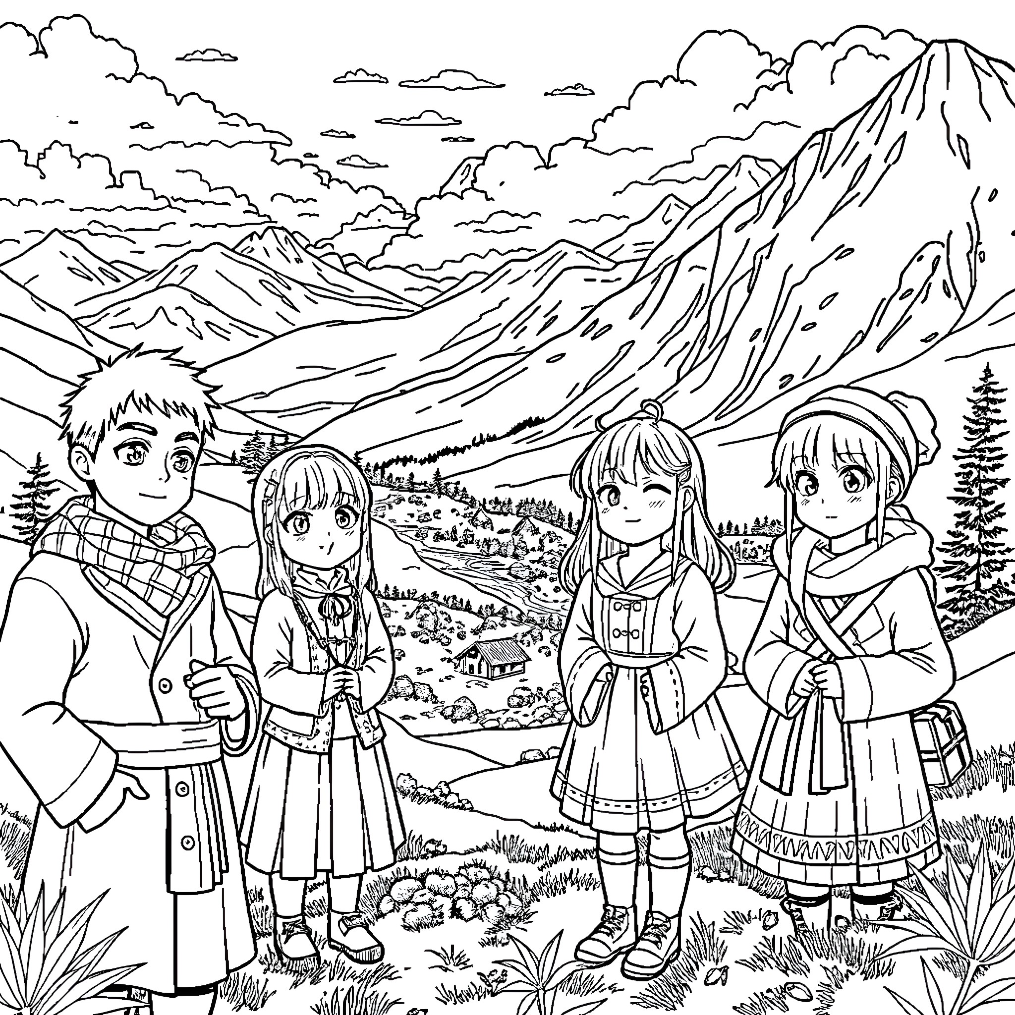 Scottish Anime Characters Exploring Mountainous Landscape Coloring Page (free black-and-white line drawing printable PDF for all, from beginners to advanced learners, including children, teens, adults, and seniors)