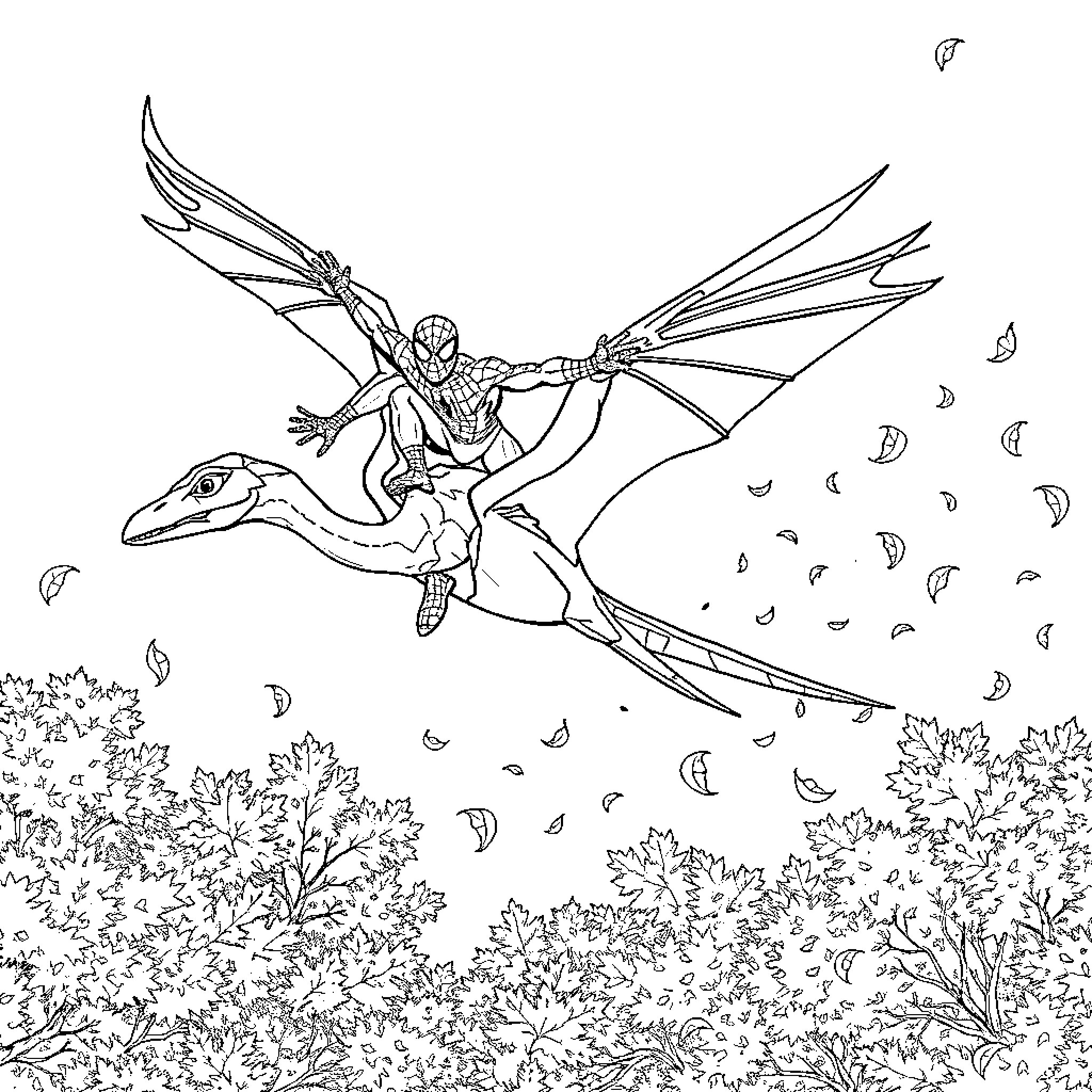 Spiderman flying on a pterodactyl over the forest Coloring Page (free black-and-white line drawing printable PDF for all, from beginners to advanced learners, including children, teens, adults, and seniors)
