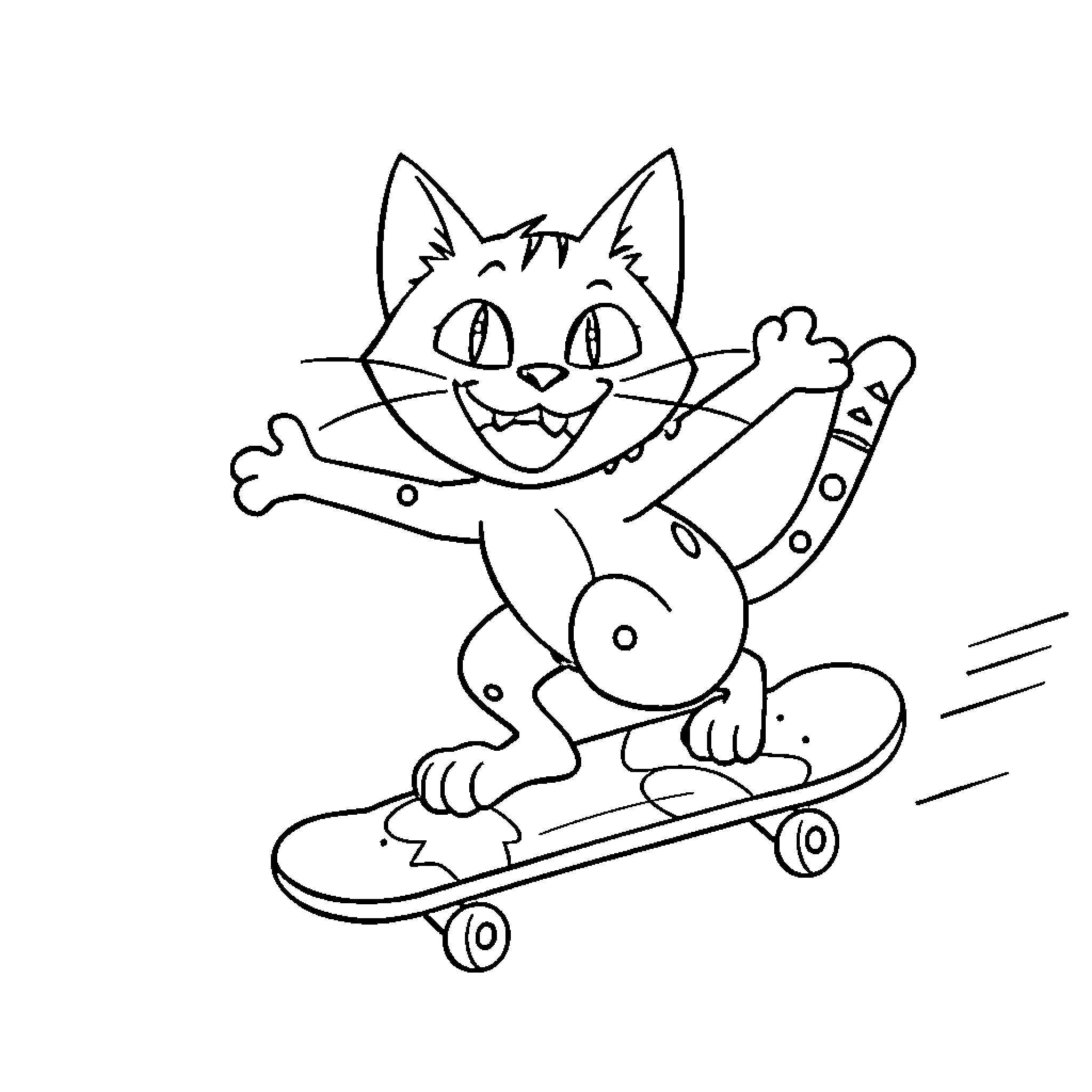 Pete the cat riding a skateboard happily Coloring Page (free black-and-white line drawing printable PDF for all, from beginners to advanced learners, including children, teens, adults, and seniors)