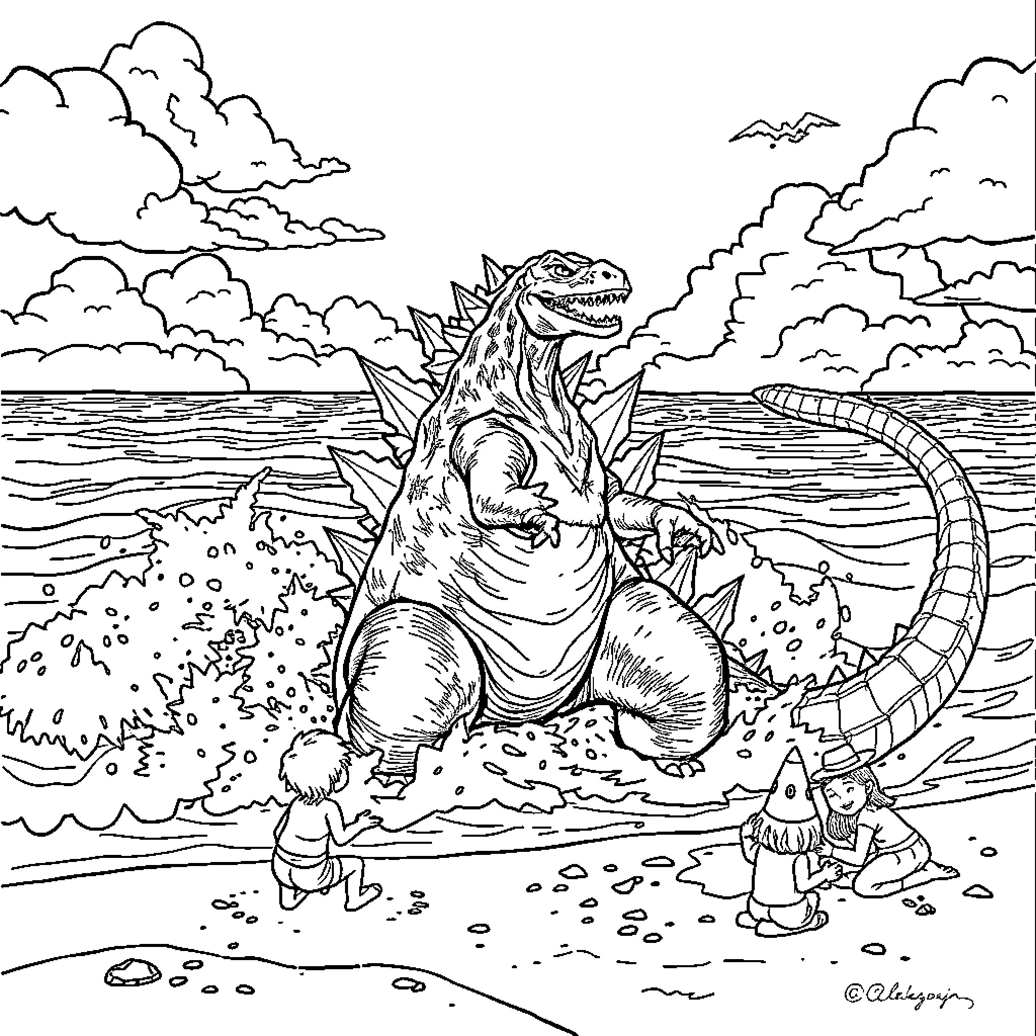 Godzilla roaring and stomping on the beach Coloring Page (free black-and-white line drawing printable PDF for all, from beginners to advanced learners, including children, teens, adults, and seniors)