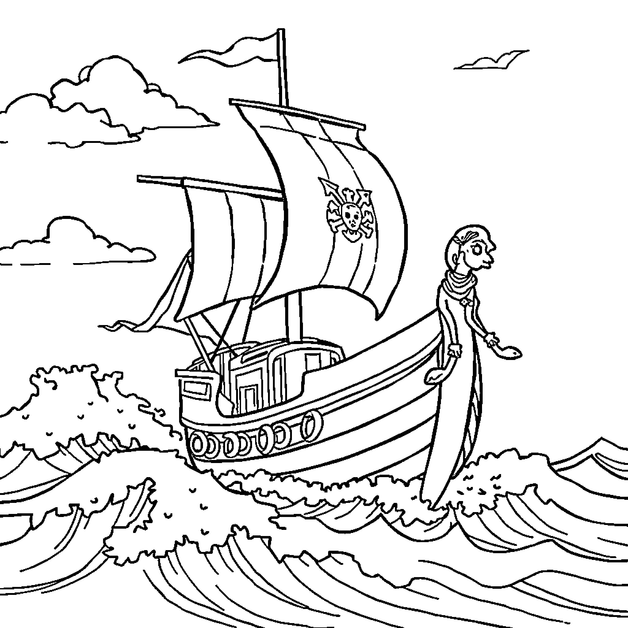 Pirate Ship Sailing the Stormy Seas Coloring Page (free black-and-white line drawing printable PDF for all, from beginners to advanced learners, including children, teens, adults, and seniors)