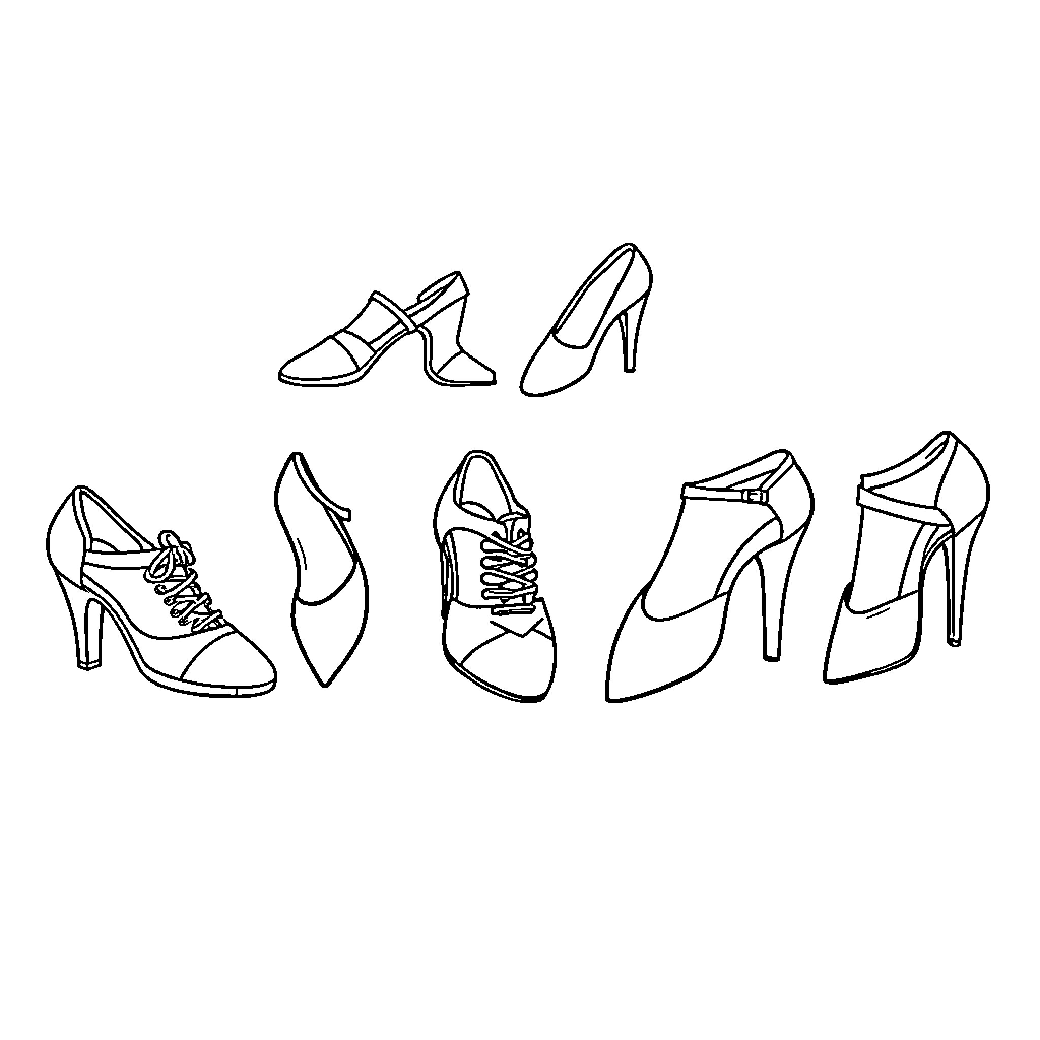 Dance Shoes in Various Styles and Designs Coloring Page (free black-and-white line drawing printable PDF for all, from beginners to advanced learners, including children, teens, adults, and seniors)