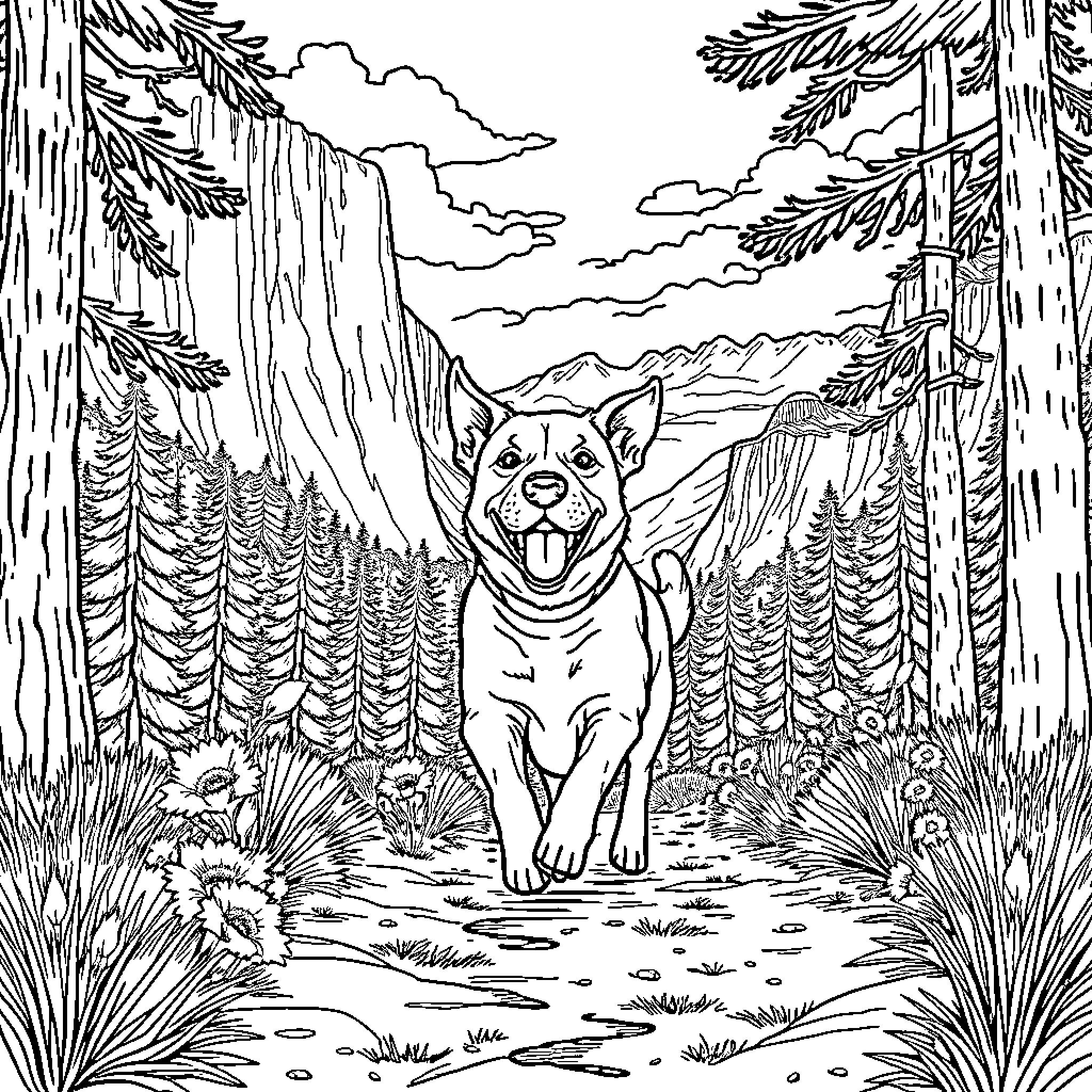 Dog exploring the wilderness in the forest Coloring Page (free black-and-white line drawing printable PDF for all, from beginners to advanced learners, including children, teens, adults, and seniors)